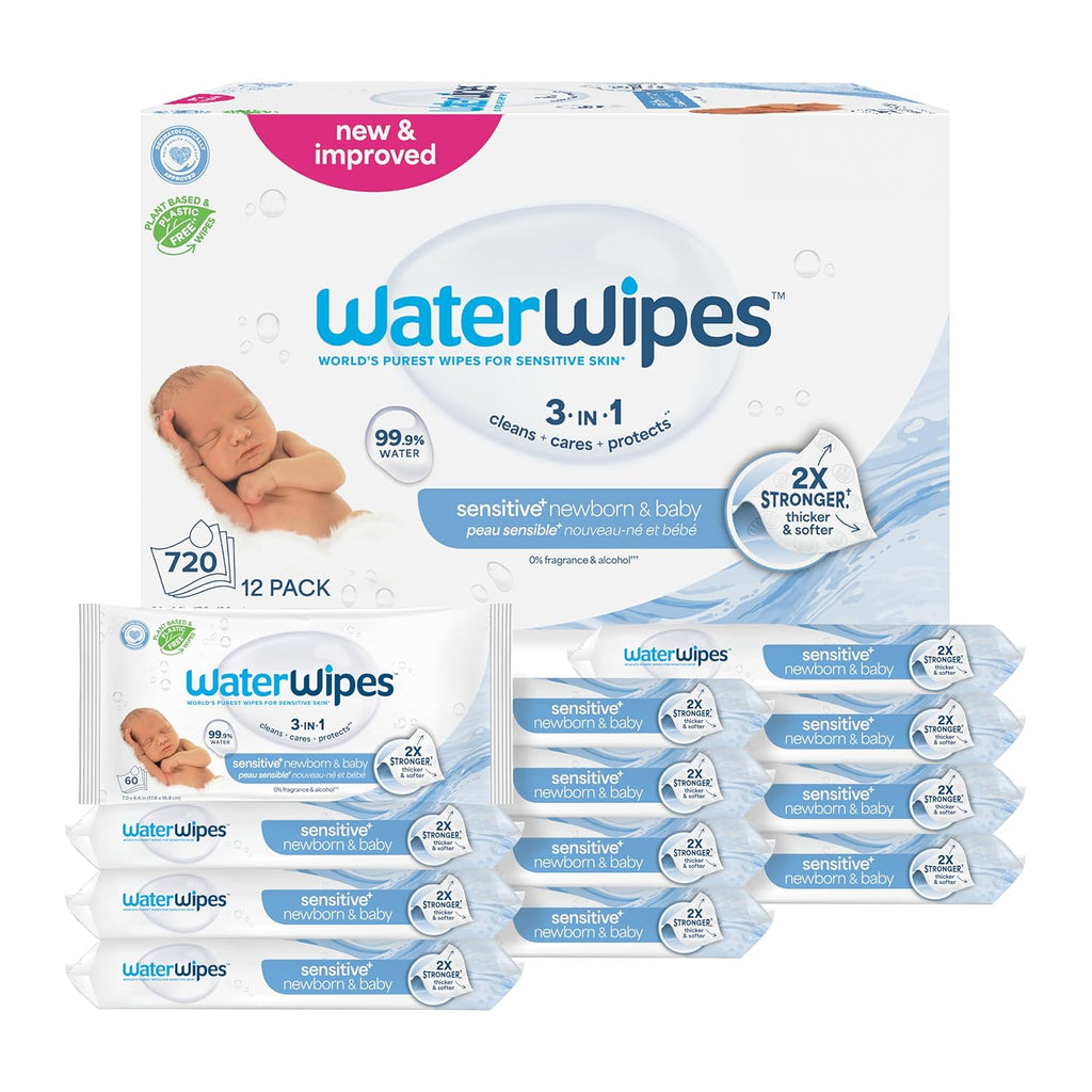 WaterWipes Sensitive+ Newborn & Baby Wipes, 3-In-1 Cleans, Cares, Protects