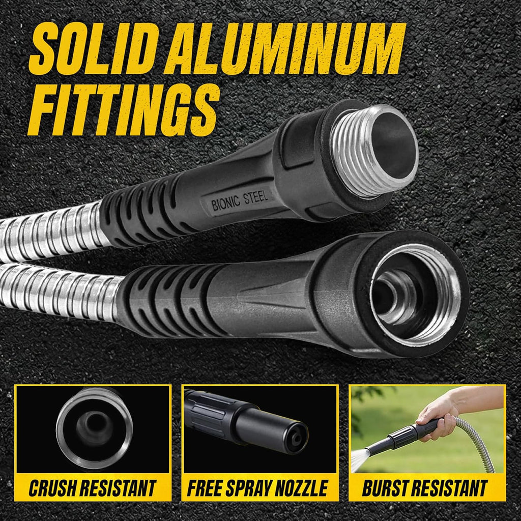 BIONIC STEEL 100 Ft Metal Garden Hose with Sprayer Nozzle, Non Kinking