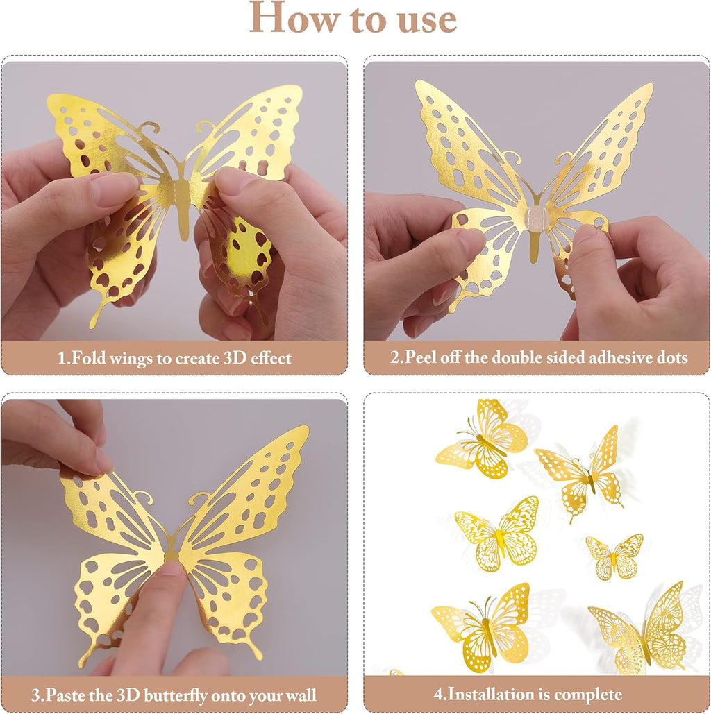 SAOROPEB 3D Butterfly Wall Decor - 48 Pcs, 4 Styles, 3 Sizes, Gold Butterfly