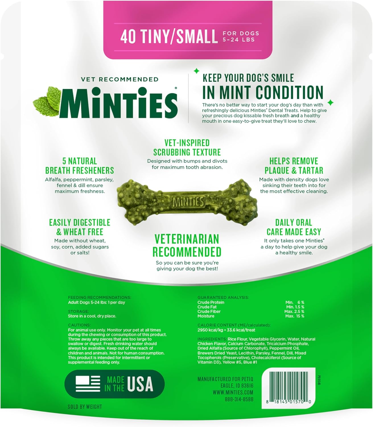 Minties Dog Dental Bone Treats, Tiny/Small Dental Dog Treats, 16 Ounces