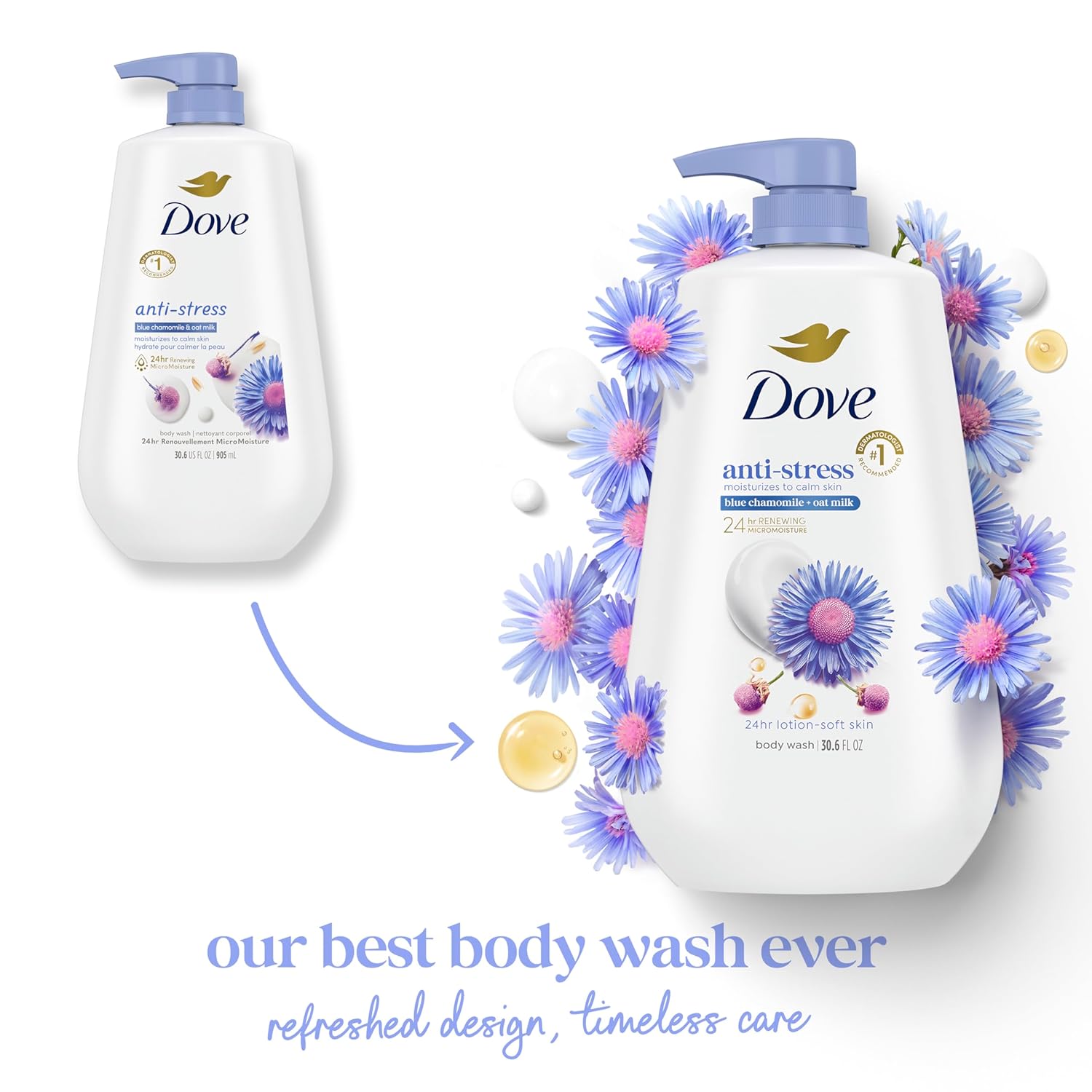 Dove Body Wash with Pump Anti-Stress Blue Chamomile & Oat Milk, for 24hr