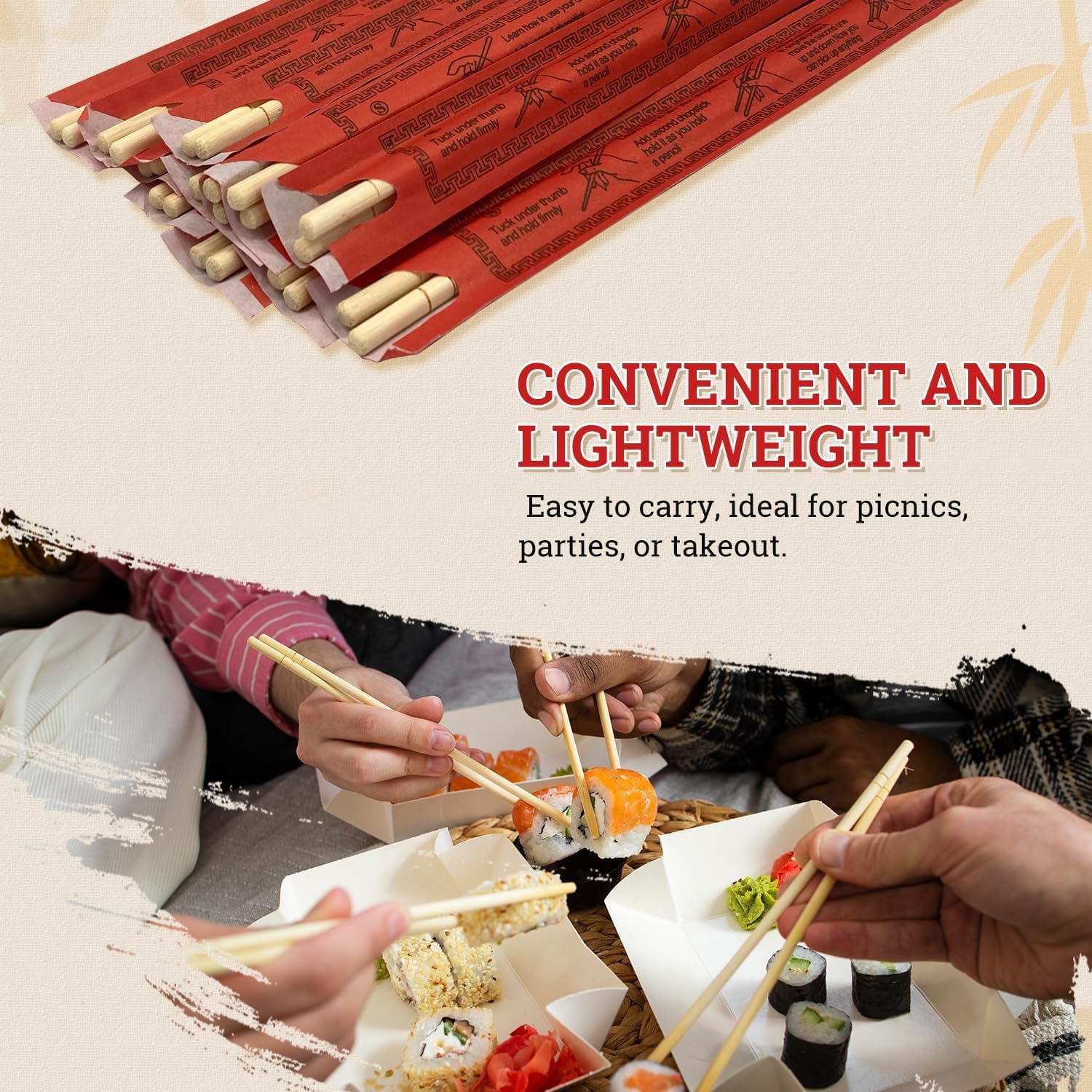 52USA Disposable Bamboo Chopsticks (100 Sets) - 9'' Long, UV Treated