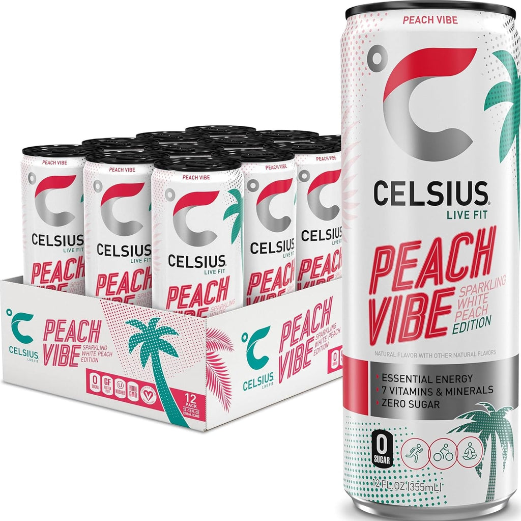 CELSIUS PEACH VIBE Sparkling White Peach, Sugar Free Energy Drink, 12 Fl Oz