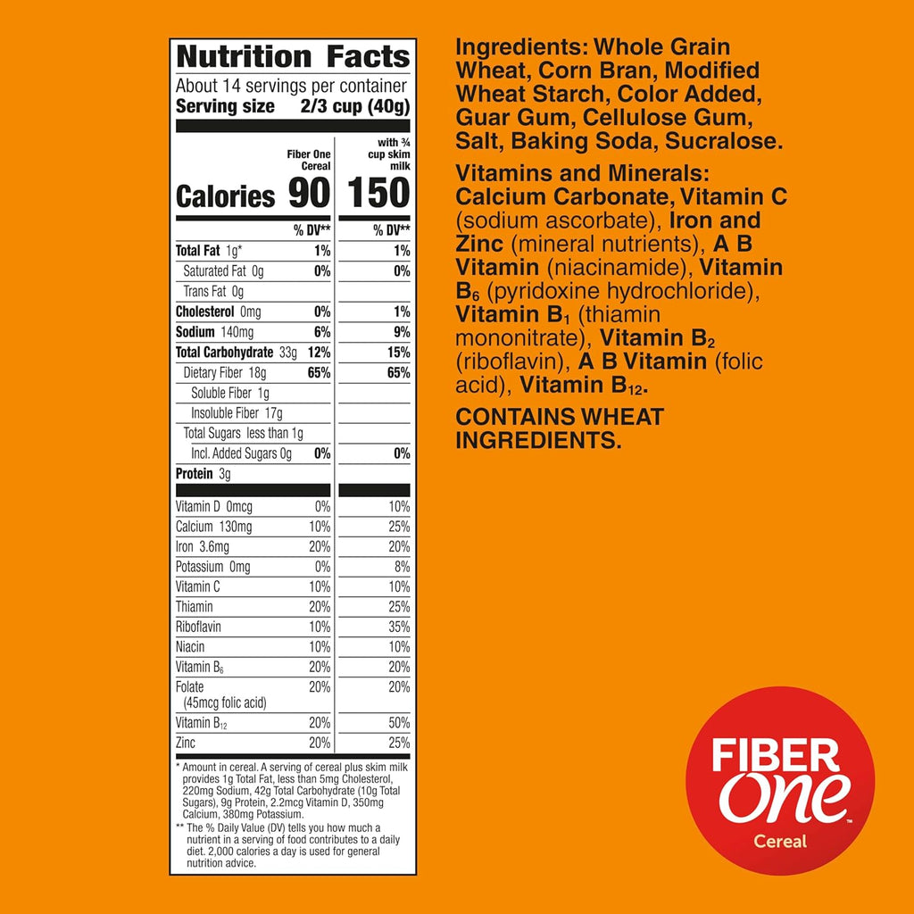 Fiber One Cereal, Original Bran, High Fiber Cereal Made with Whole Grain