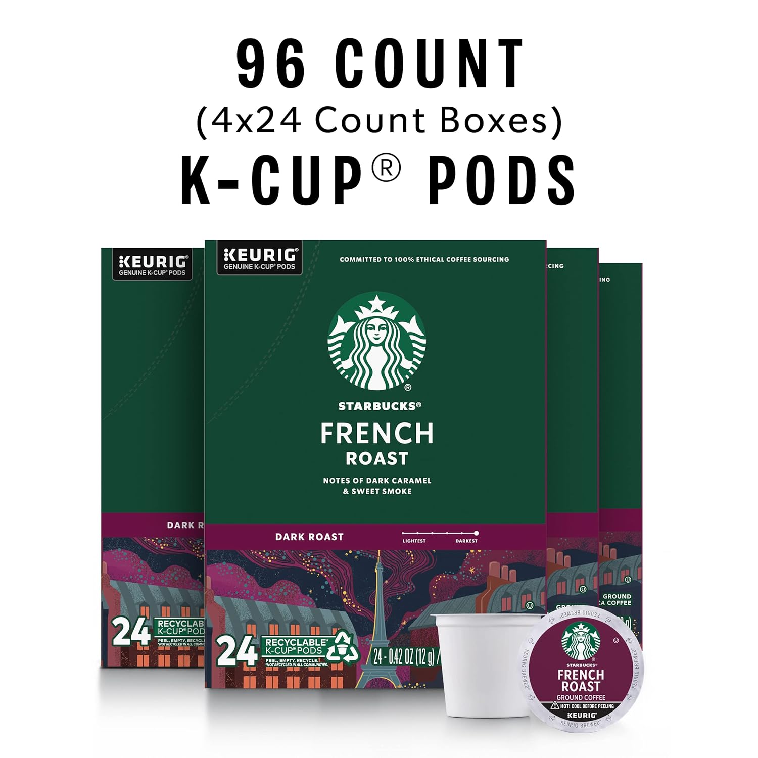 Starbucks K-Cup Coffee Pods, Dark Roast Hot or Iced Coffee, French Roast, 96