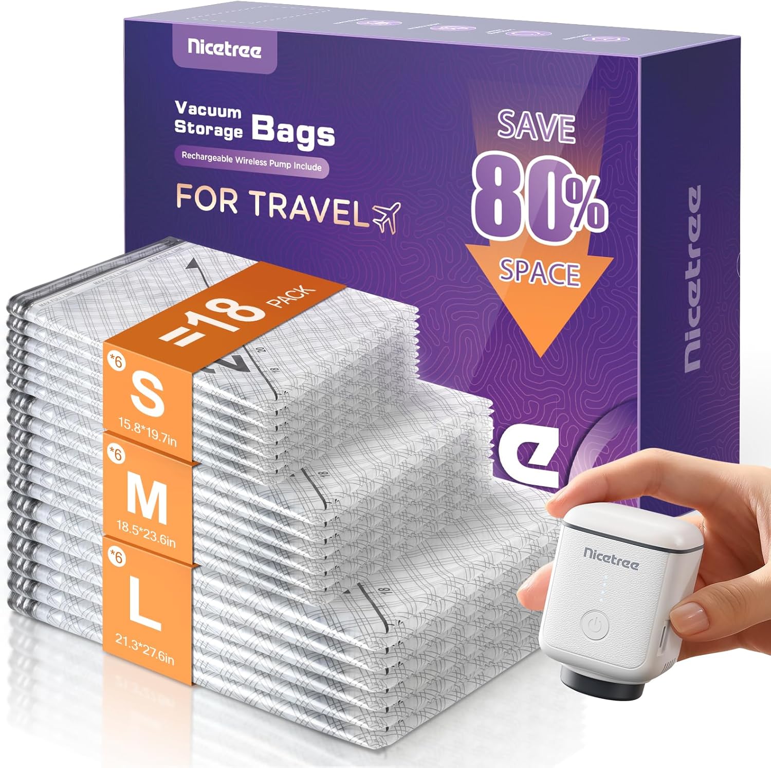 Nicetree 18-Pack Vacuum Seal Bags with Rechargeable Wireless Pump