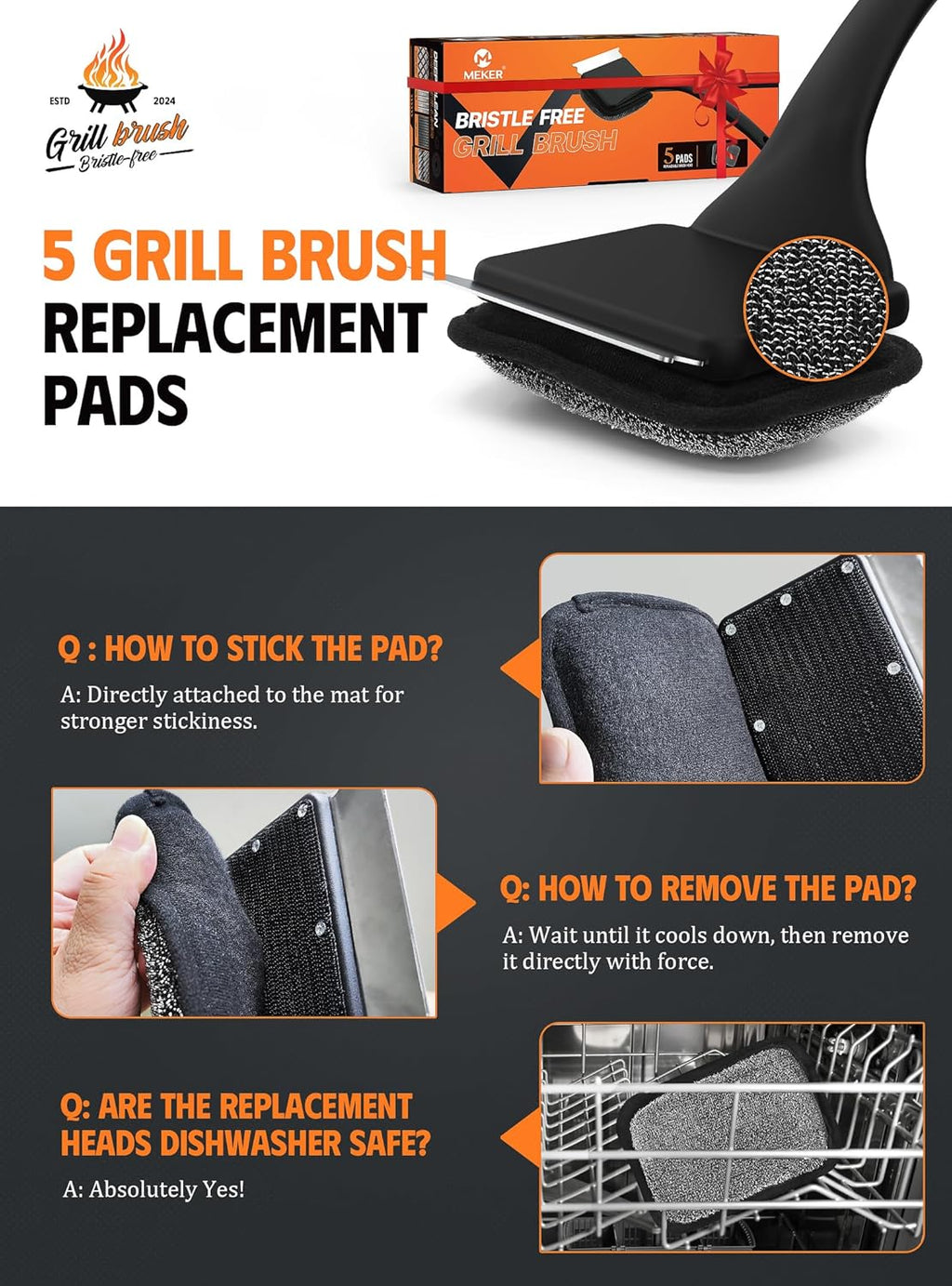 MEKER Grill Brush Bristle Free, Grill Cleaner Brush with 5 BBQ Replacement