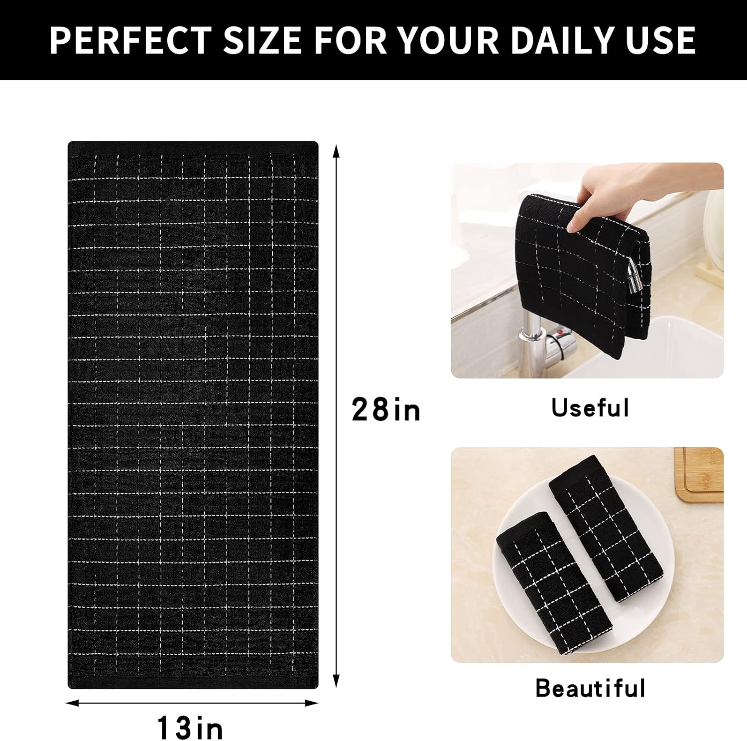 Homaxy 100% Cotton Terry Kitchen Towels(Black, 13 x 28 inches), Checkered