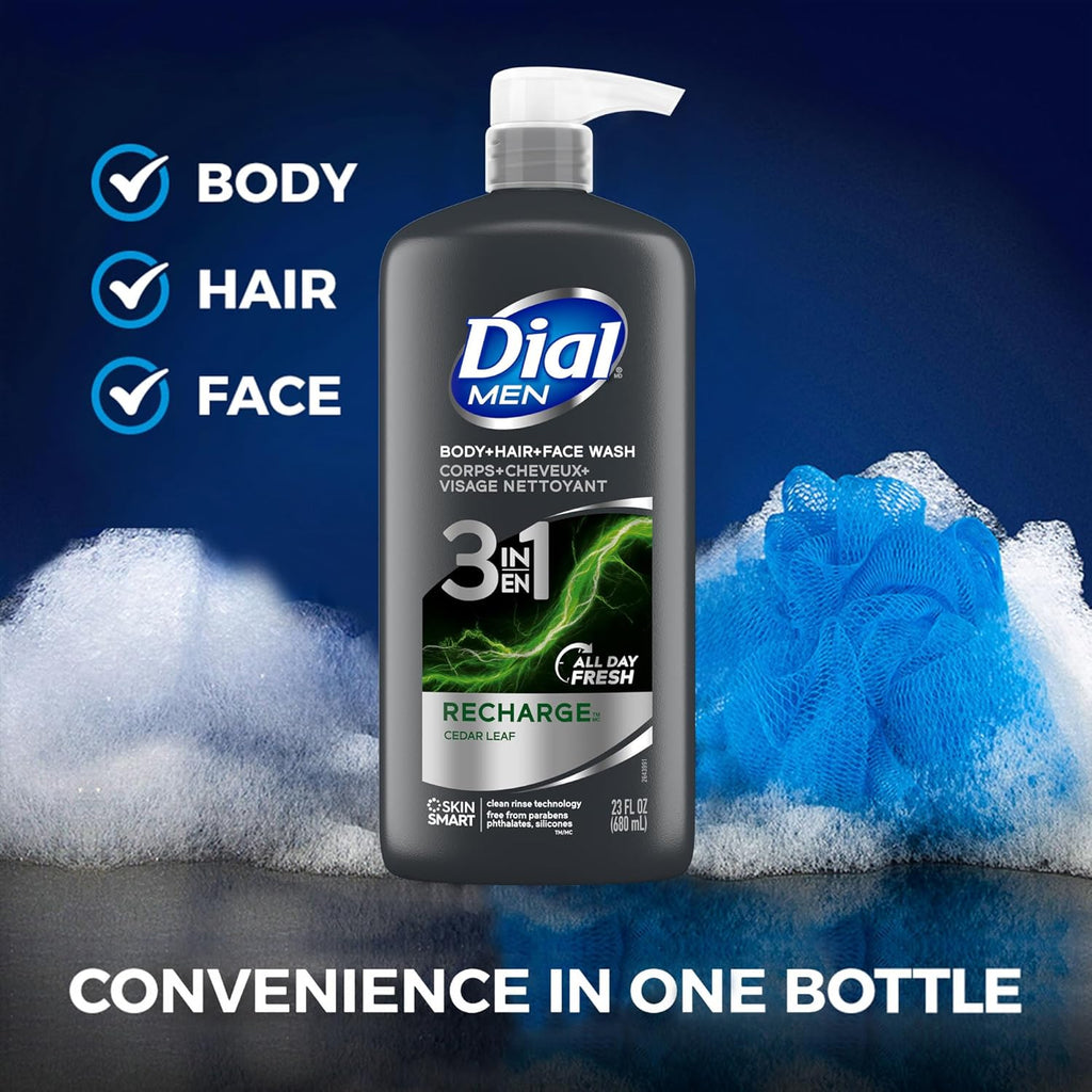 Dial Men 3in1 Body, Hair and Face Wash, Recharge, 69 fl oz (3-23 fl oz