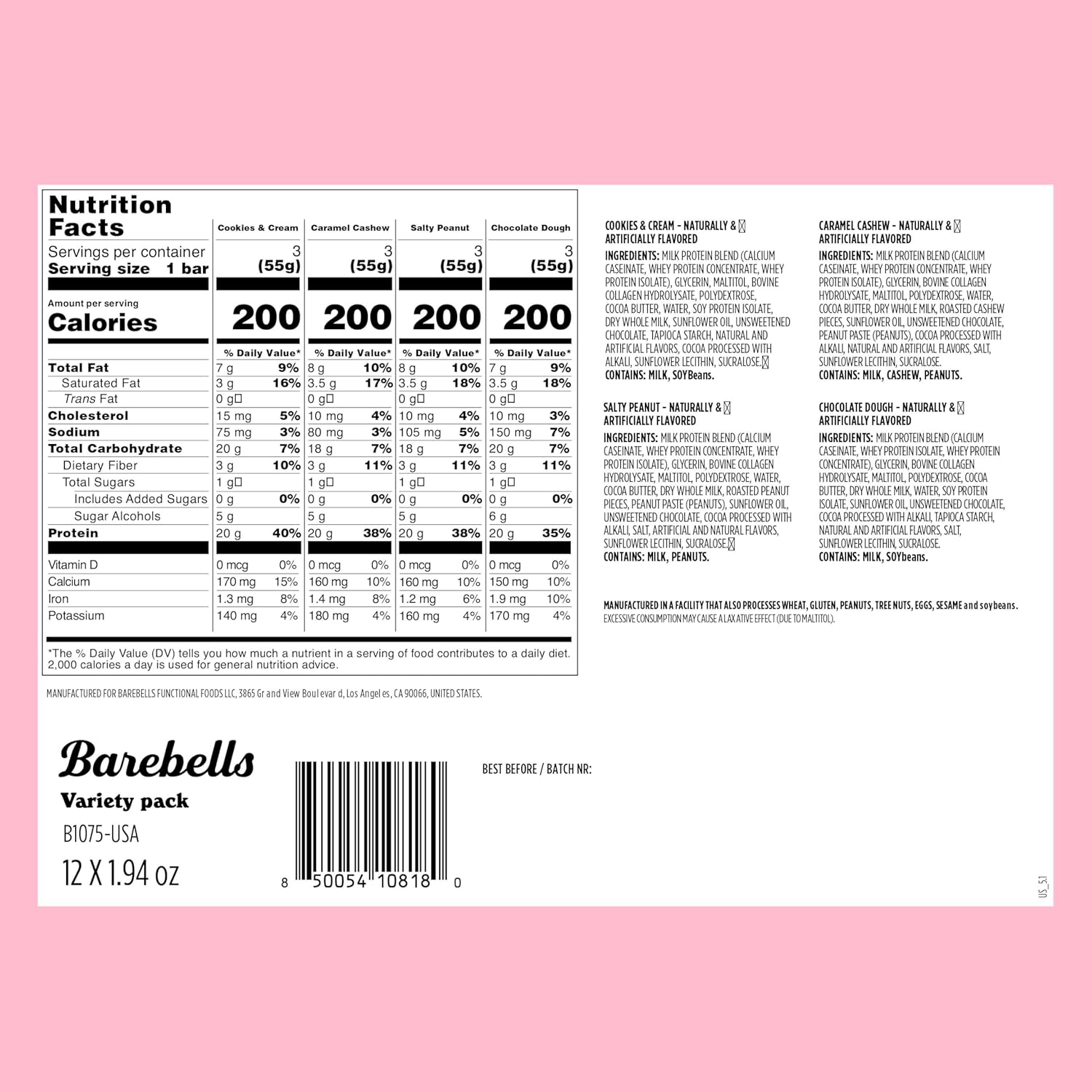 Barebells Protein Bars Variety Pack - 12 Count, 1.9oz Bars - Protein Snacks