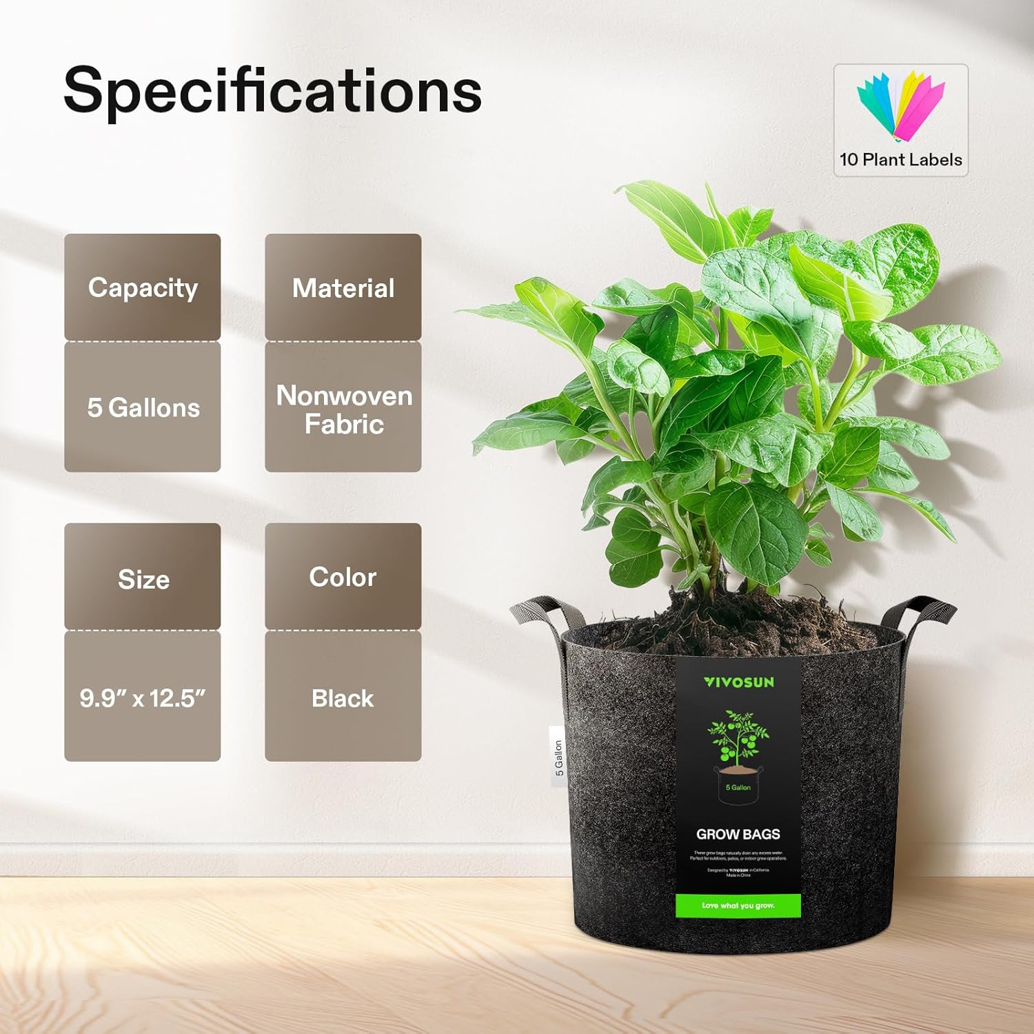 VIVOSUN 5-Pack 5 Gallon Grow Bags Heavy Duty 300G Thickened Nonwoven Plant