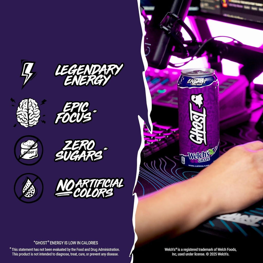 GHOST Energy Drink - 12-Pack, Welch's Grape, 16oz Cans - Energy & Focus & No