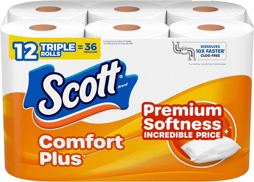 Scott ComfortPlus Toilet Paper, 12 Triple Rolls, 231 Sheets per Roll
