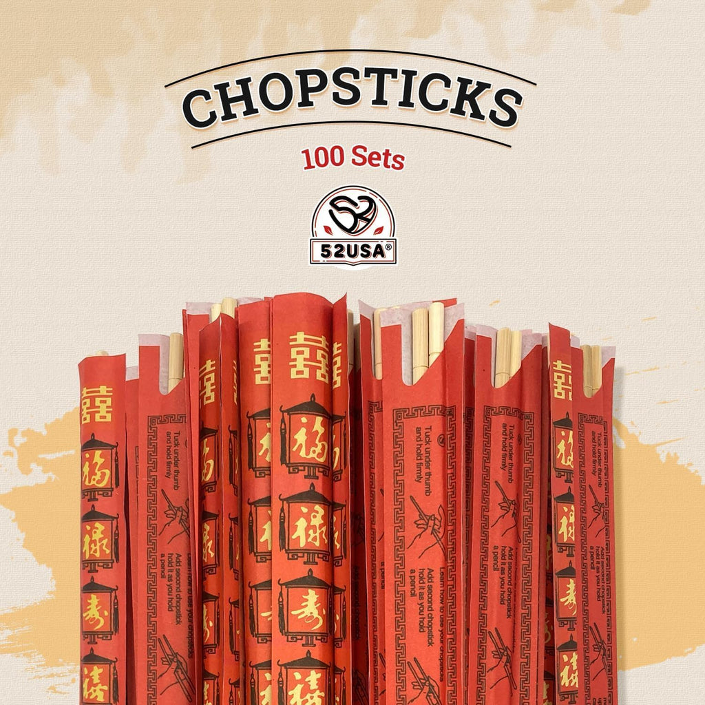 52USA Disposable Bamboo Chopsticks (100 Sets) - 9'' Long, UV Treated