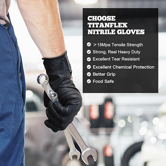 TitanFlex Disposable Nitrile Exam Gloves, 6-mil, Black, Heavy Duty, Latex