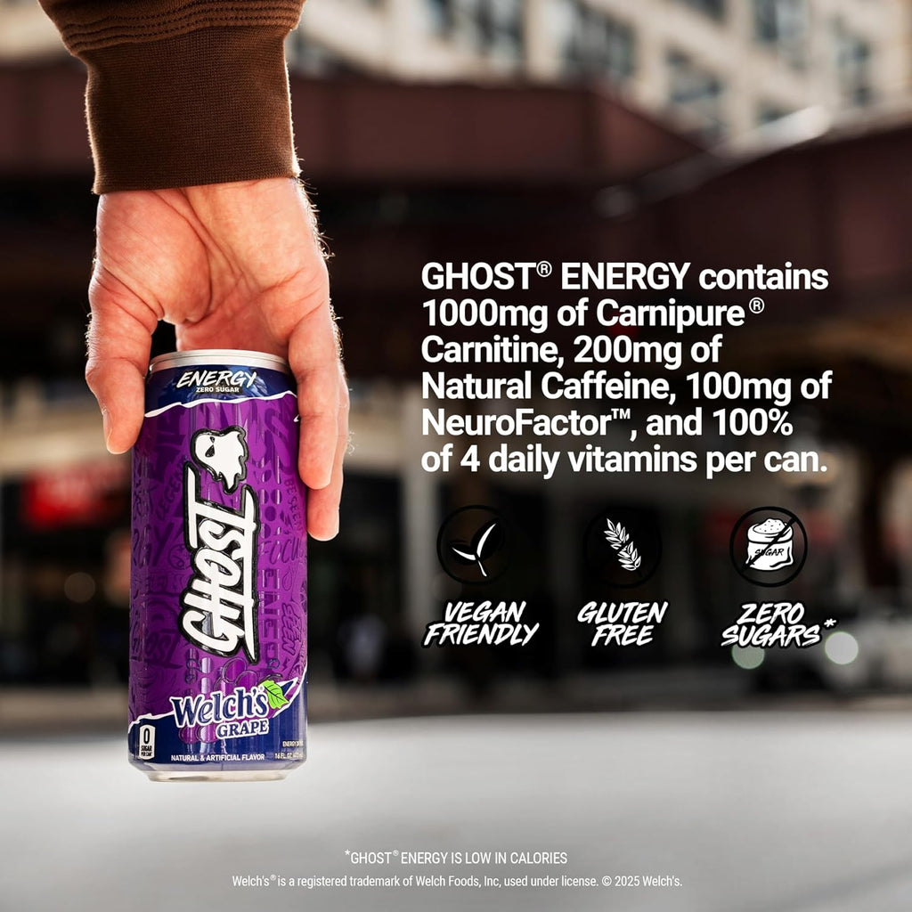 GHOST Energy Drink - 12-Pack, Welch's Grape, 16oz Cans - Energy & Focus & No