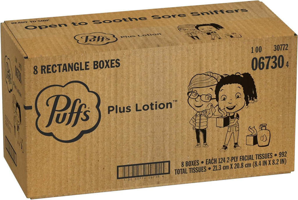 Puffs Plus Lotion Facial Tissues, 8 Family Boxes, 124 Facial Tissues per Box