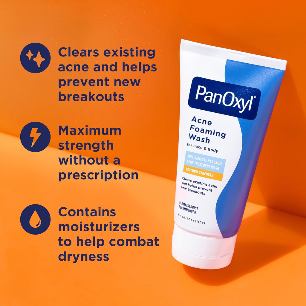PanOxyl 10% Benzoyl Peroxide Acne Foaming Wash, Maximum Strength, Daily
