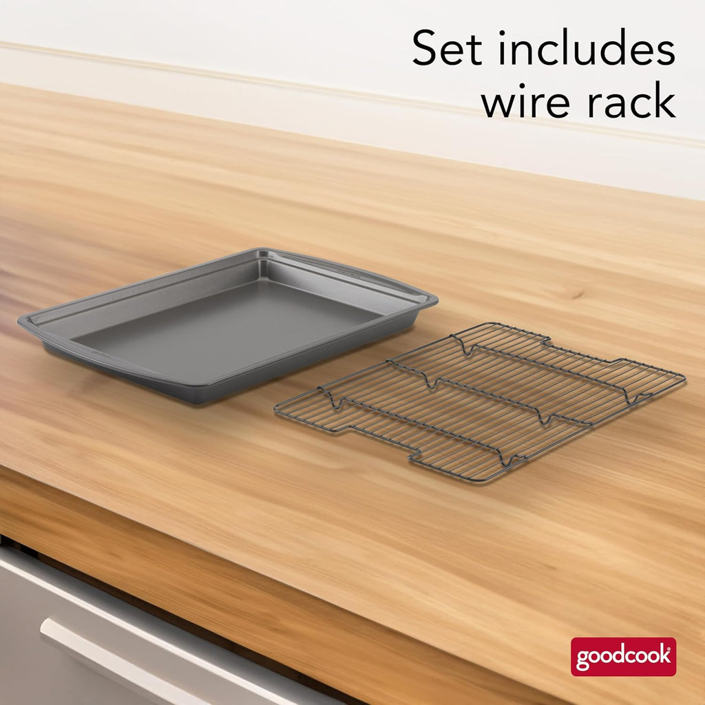 GoodCook 15‰۝ x 10.5‰۝ Nonstick Carbon Steel Baking Pan & Raised Wire Rack