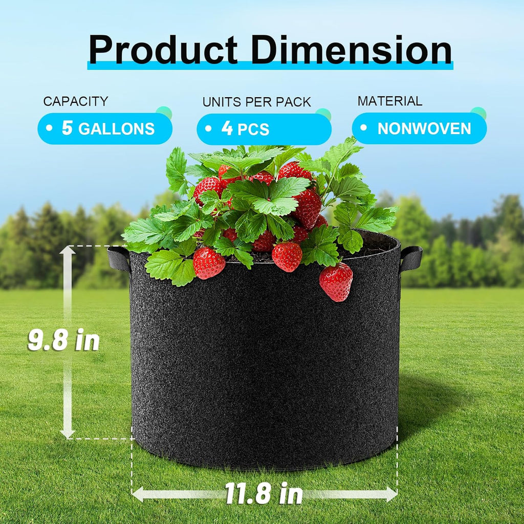 Land Guard 4-Pack Fabric Grow Bags 5 Gallon, Thickened Nonwoven Garden Pots