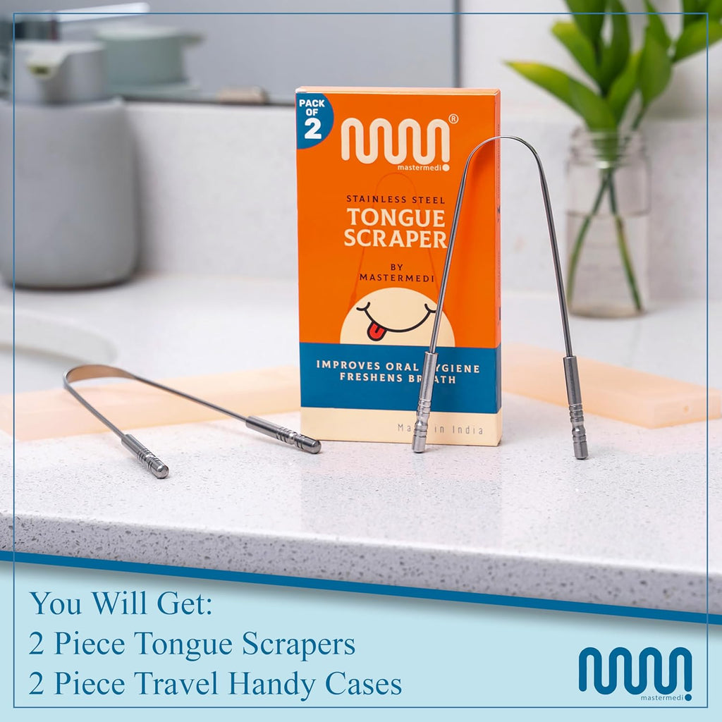 MasterMedi Tongue Scraper for Adults with Multicolor Travel Cases (2 Pack)