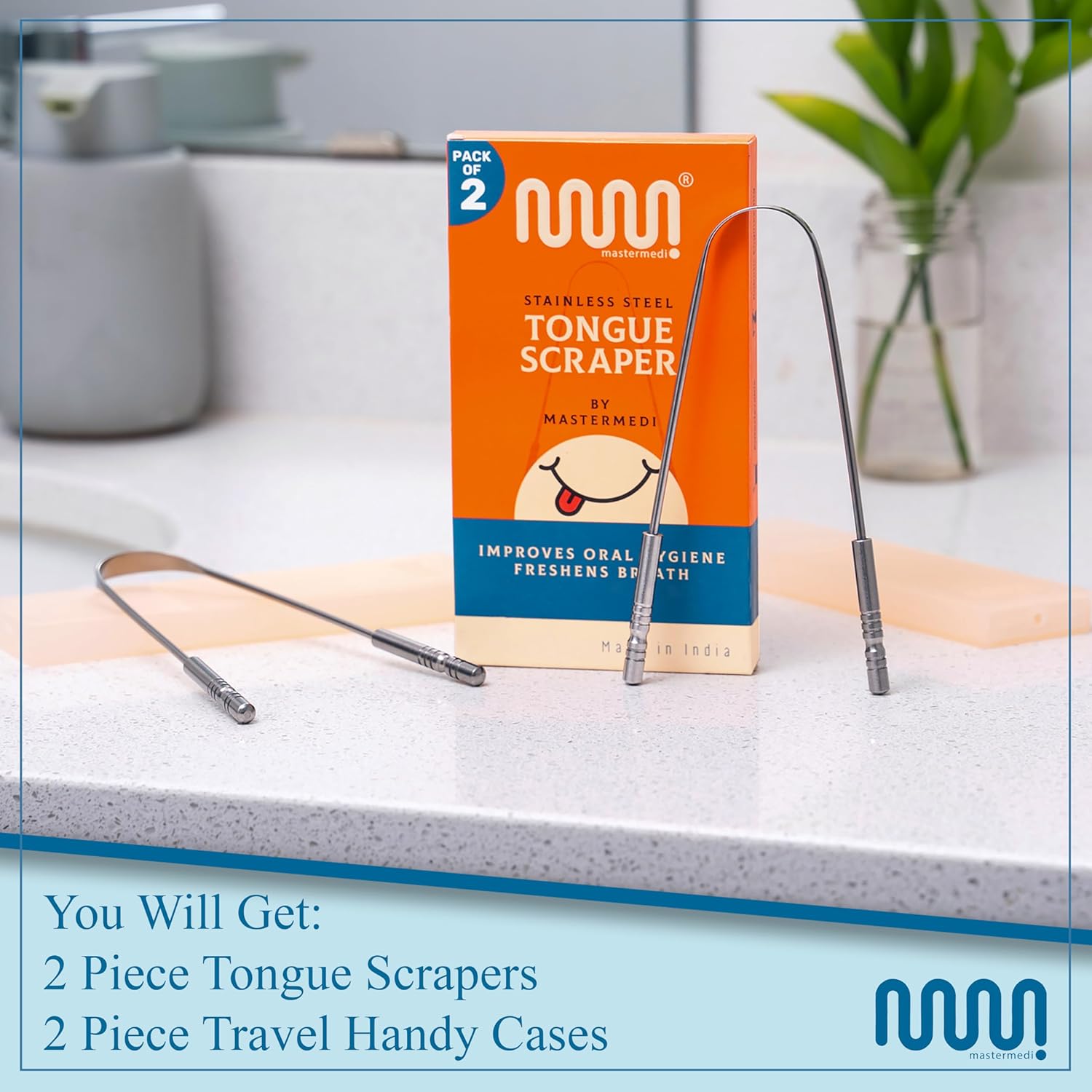 MasterMedi Tongue Scraper for Adults with Multicolor Travel Cases (2 Pack)