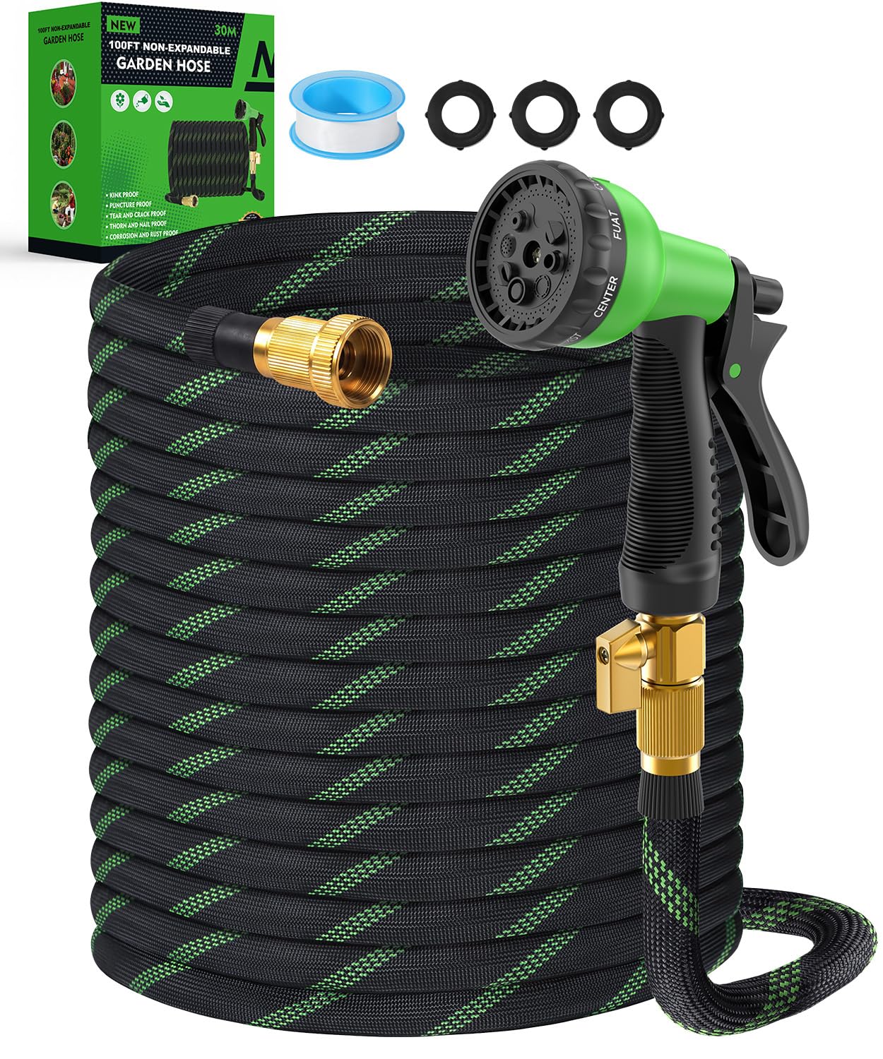 100ft Garden Hose，Non-Expandable Water Hose with 8 Function Spray Nozzle