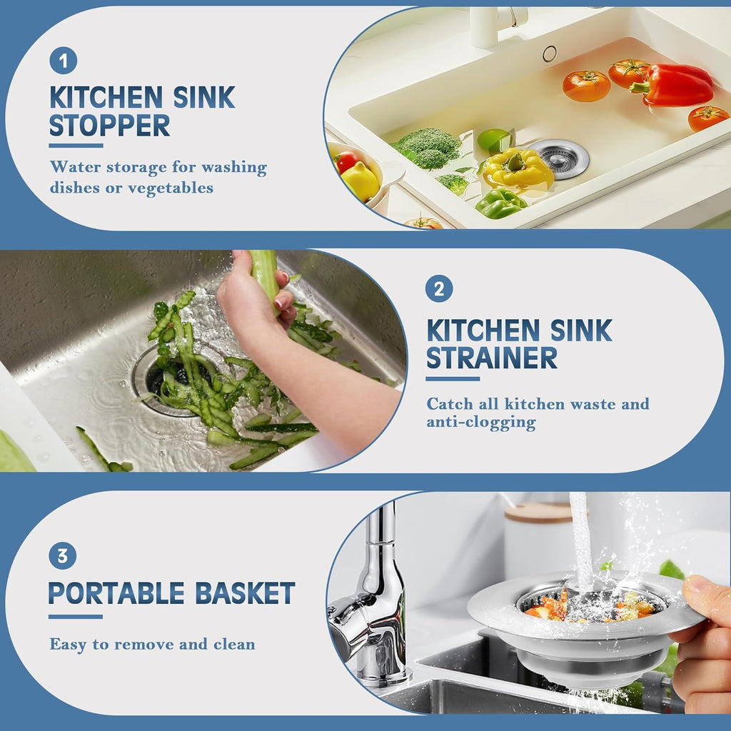 Kitchen Sink Drain Strainer 3 in 1, 304 Stainless Steel Pop Up Sink Stopper