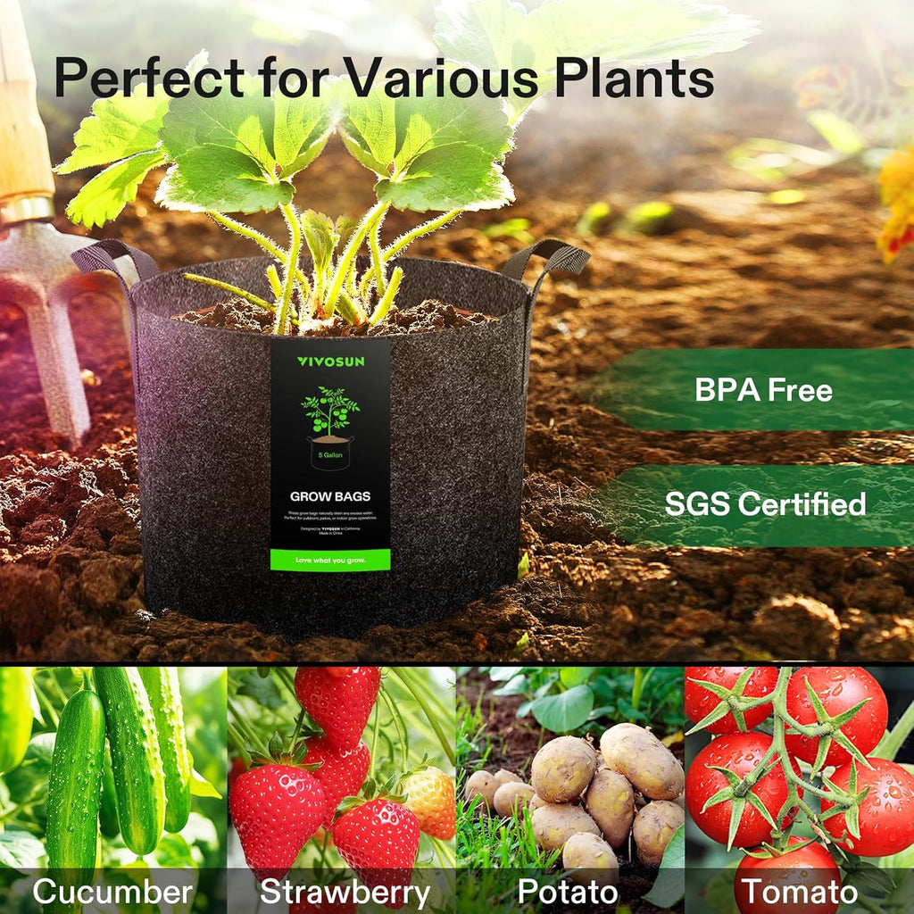 VIVOSUN 5-Pack 5 Gallon Grow Bags Heavy Duty 300G Thickened Nonwoven Plant