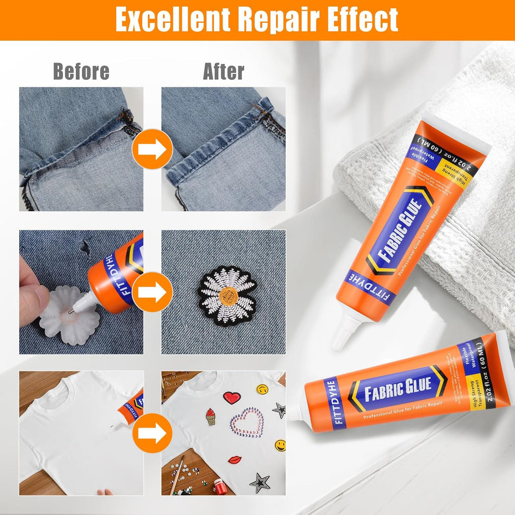 FITTDYHE Fabric Glue Permanent, 60 ML Washable Clear Clothing Glue, Super