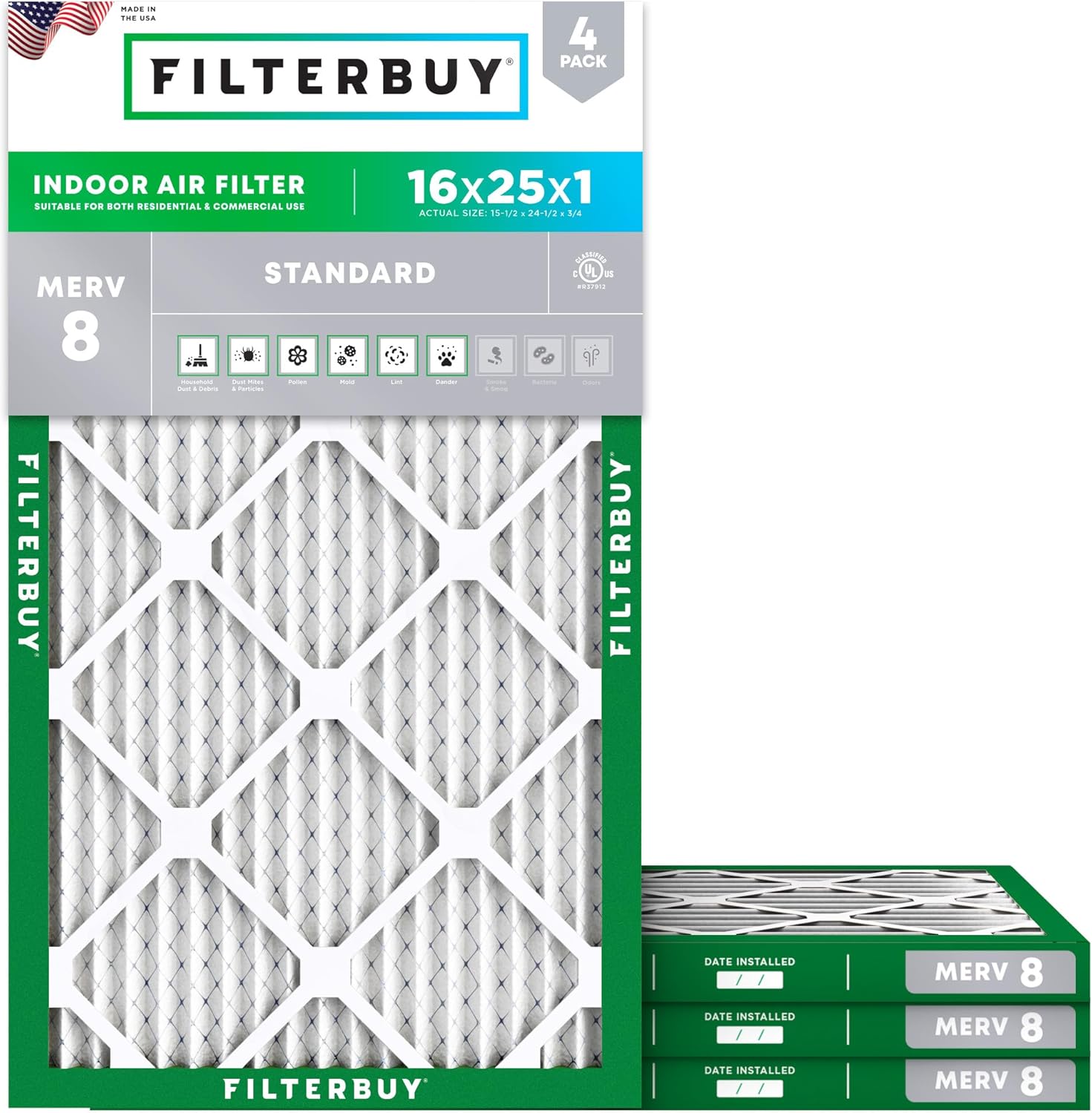 Filterbuy 16x25x1 Air Filter MERV 8 Essential Dust & Allergy Defense