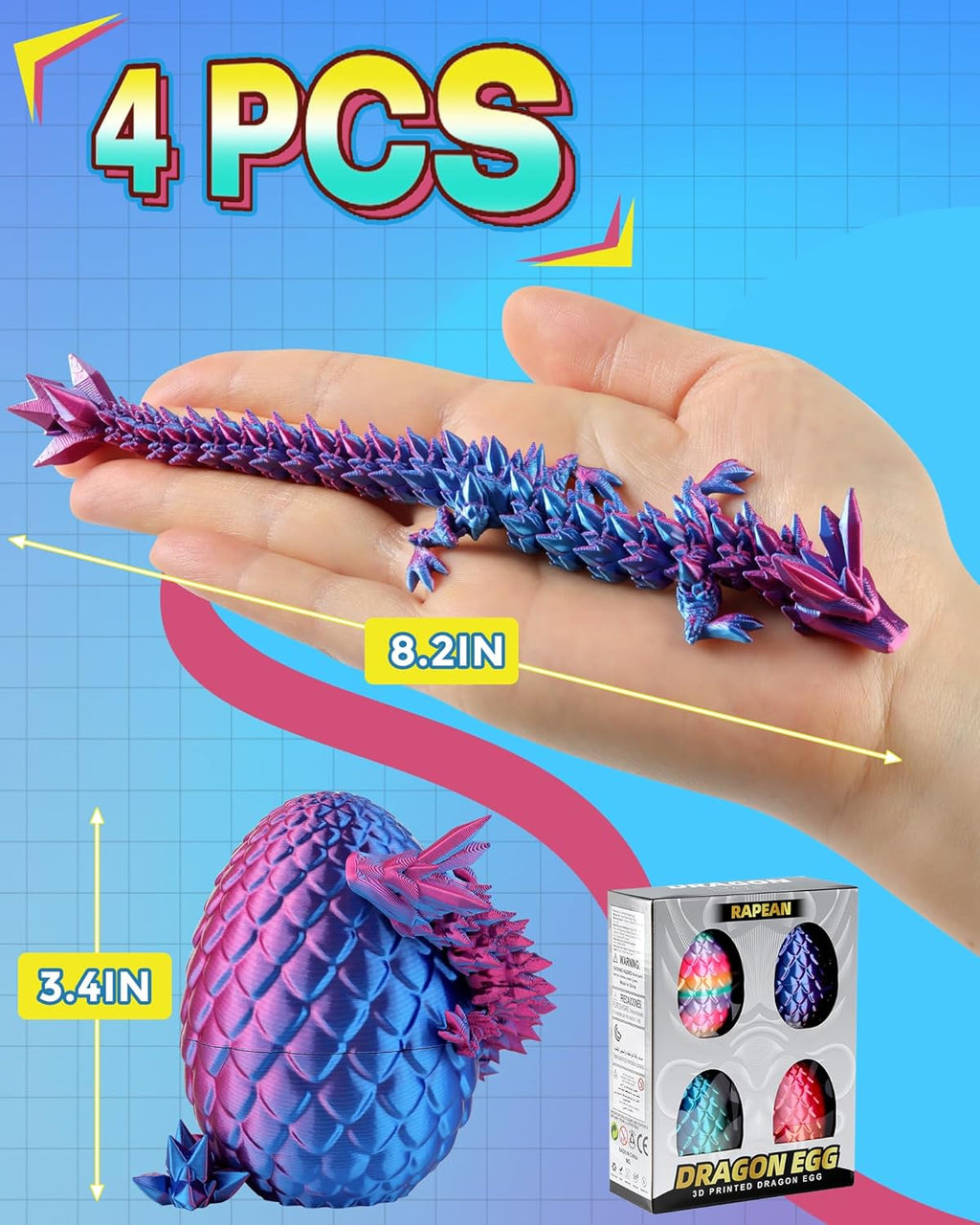 Rapean 8" 3D Printed Dragon Eggs, Easter Basket Stuffers for Kids and Teens