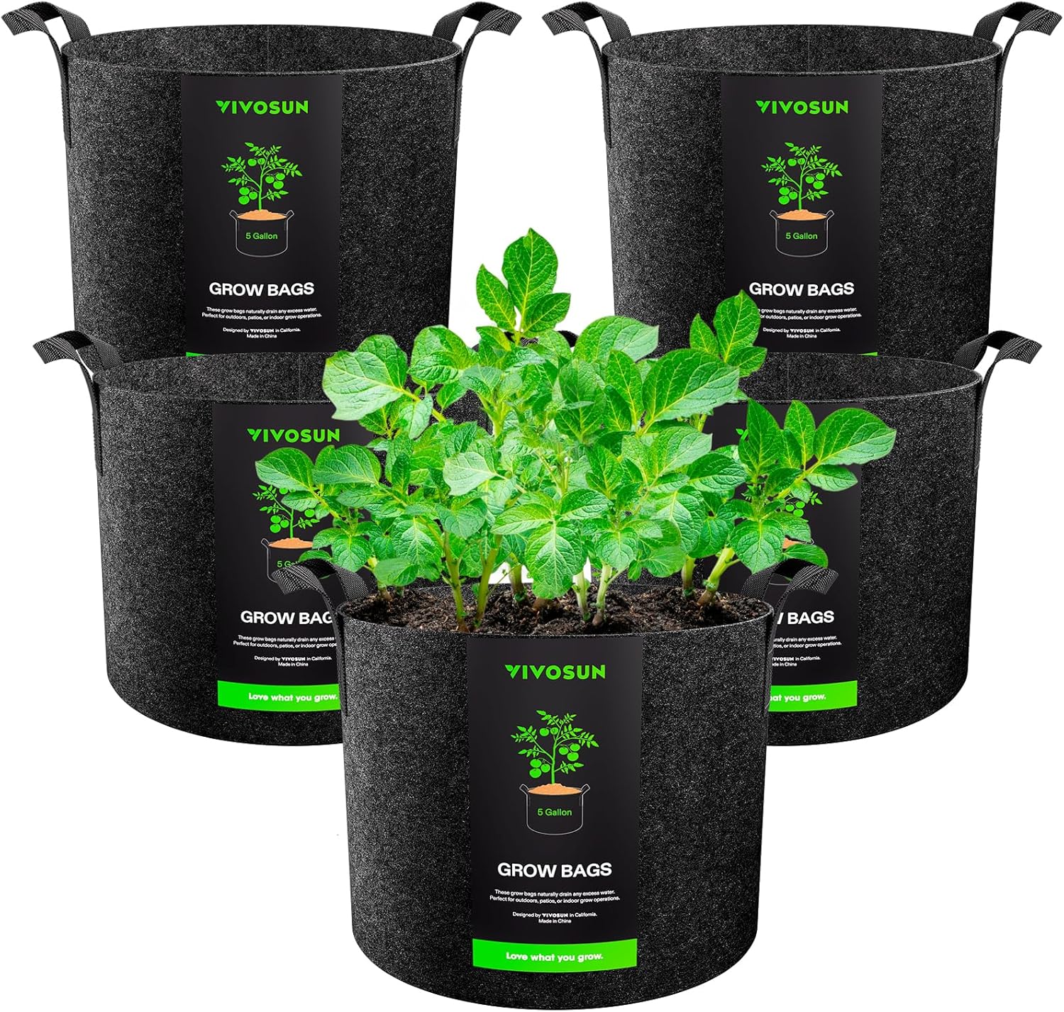 VIVOSUN 5-Pack 5 Gallon Grow Bags Heavy Duty 300G Thickened Nonwoven Plant