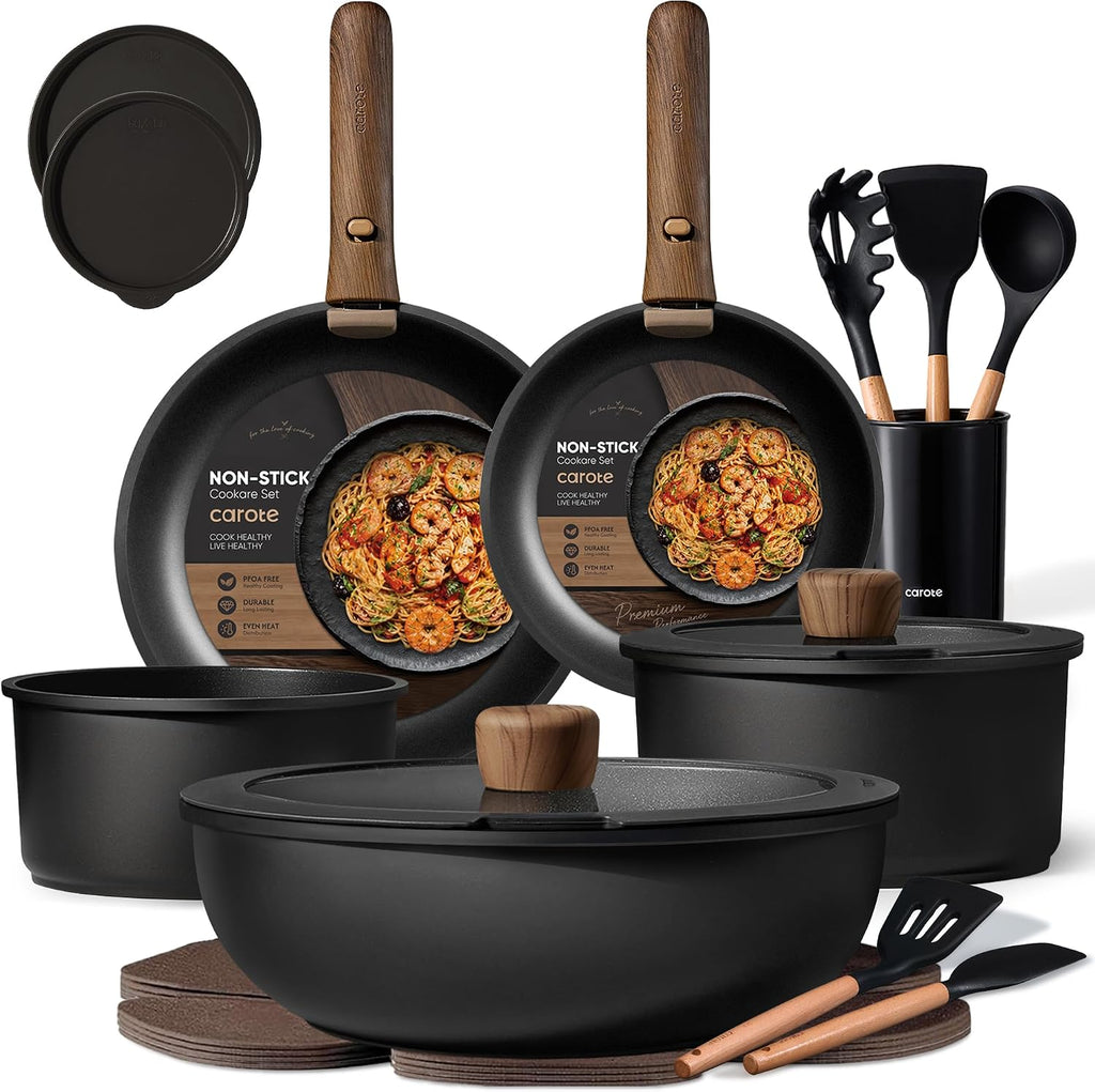 CAROTE 21pcs Pots and Pans Set Non Stick, Detachable Handle Cookware, Black