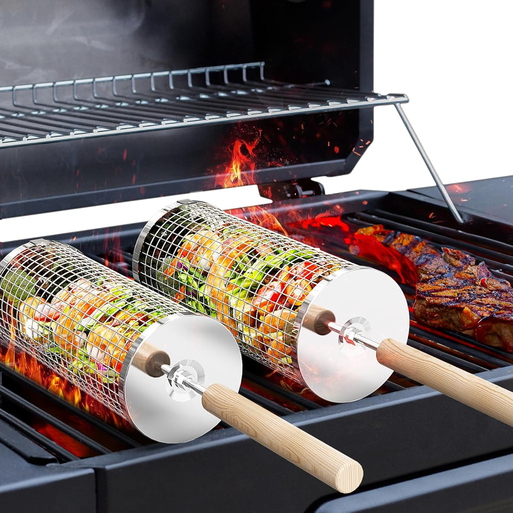 ivtivfu Rolling Grill Basket, Removable Wooden Handle, 304 Stainless Steel