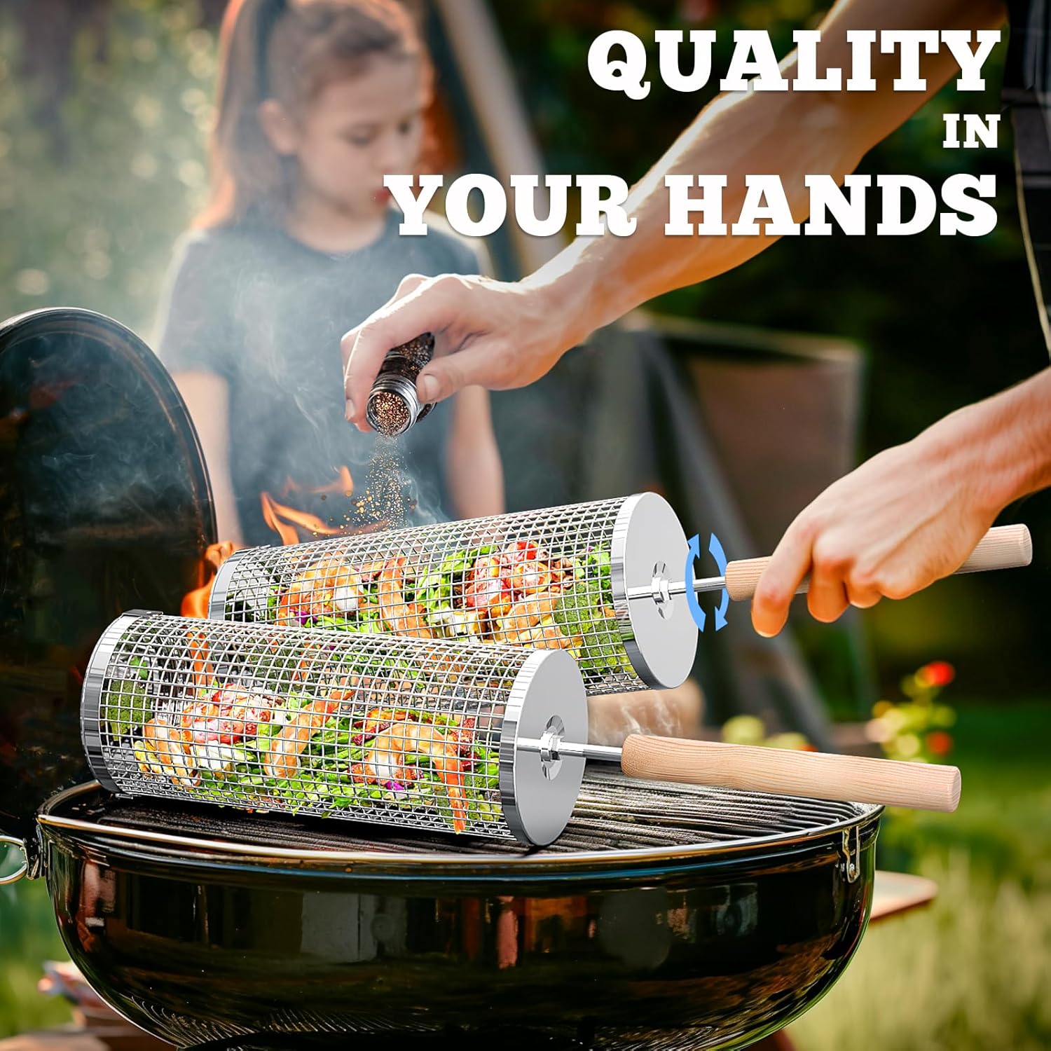 ivtivfu Rolling Grill Basket, Removable Wooden Handle, 304 Stainless Steel