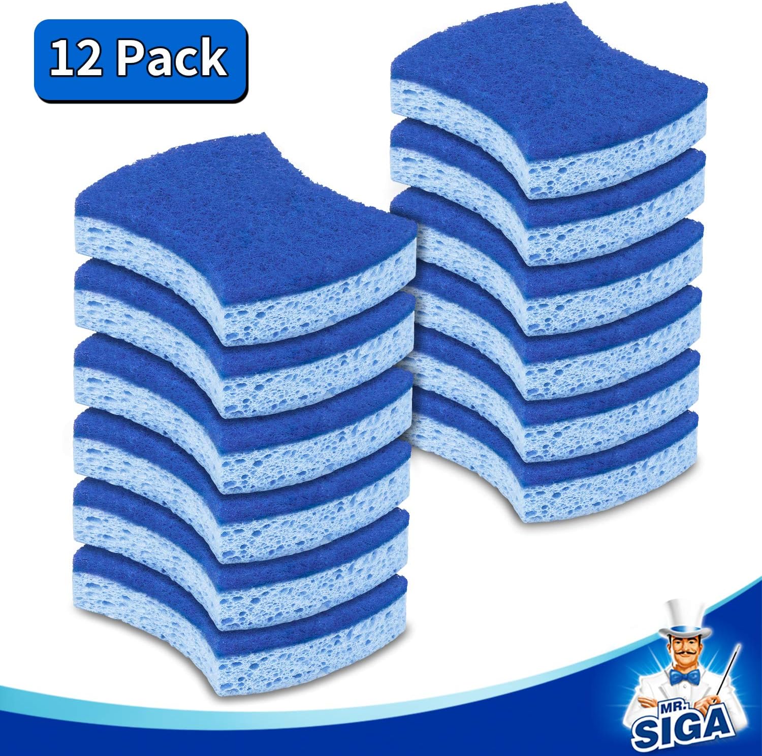 MR.SIGA Non-Scratch Cellulose Scrub Sponge, Dual-Sided Dishwashing Sponge for