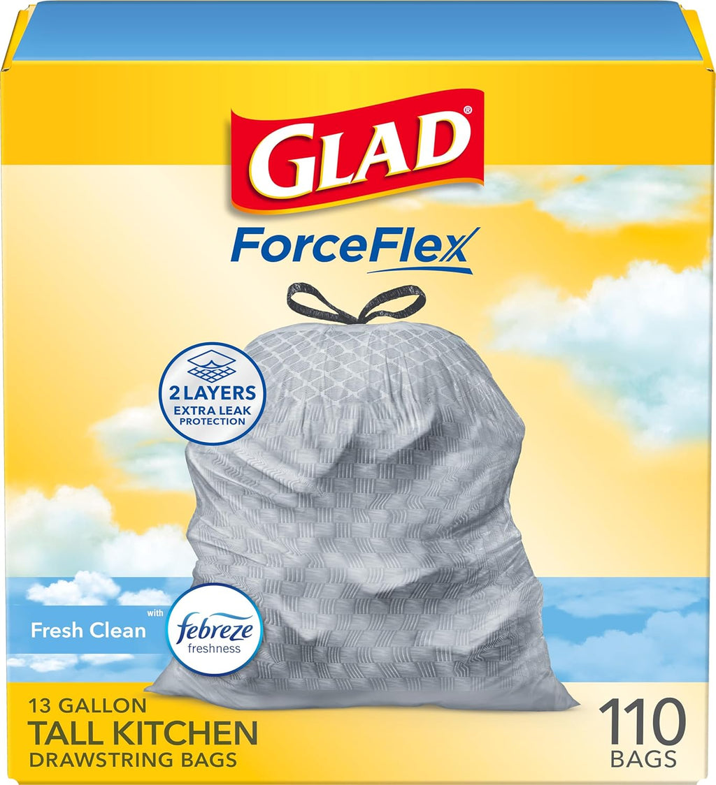 Glad Tall Kitchen Drawstring Trash Bags - Odorshield 13 Gallon White Trash