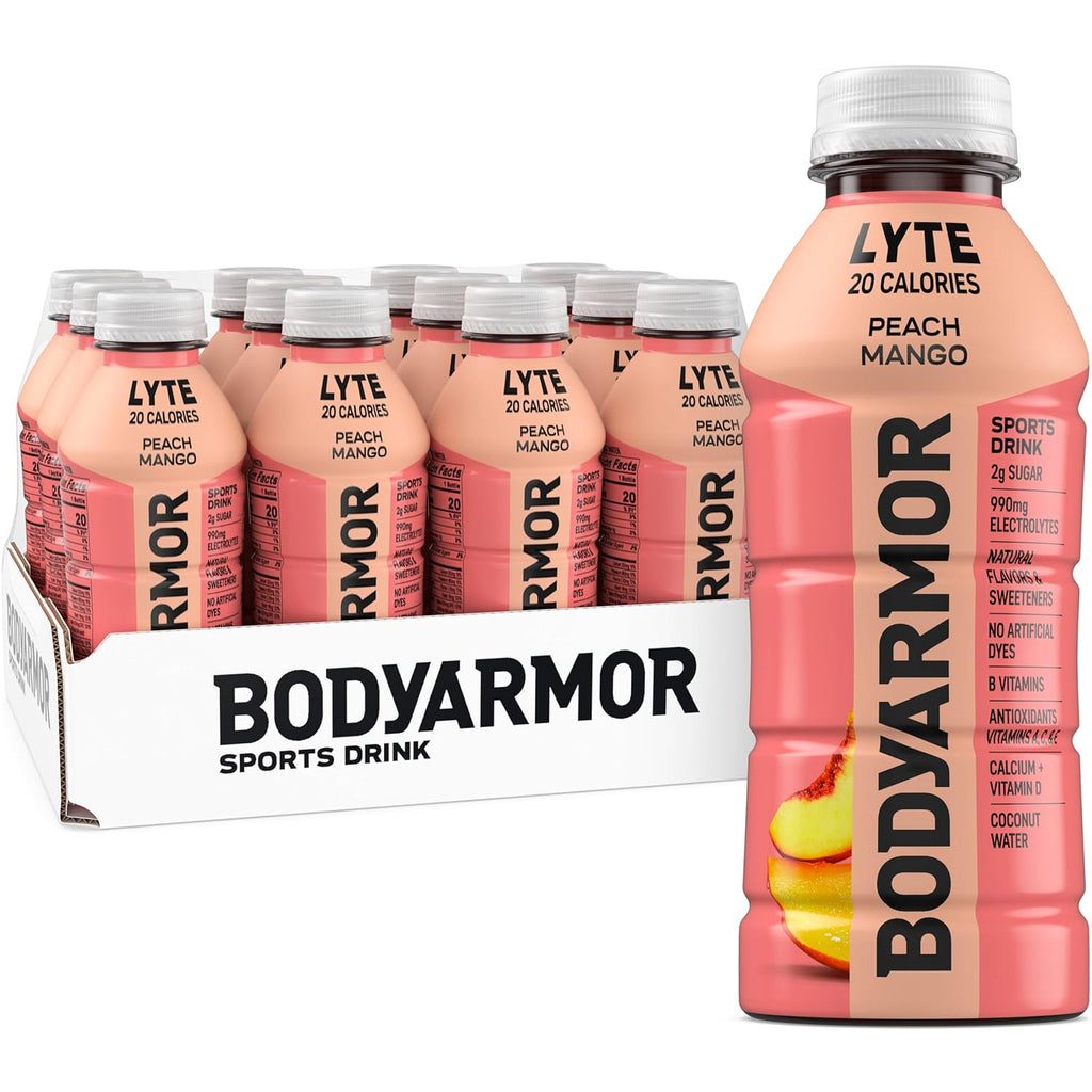 BODYARMOR LYTE, Peach Mango, Electrolyte Drink, 20 Calories, 16 Fl Oz Bottles