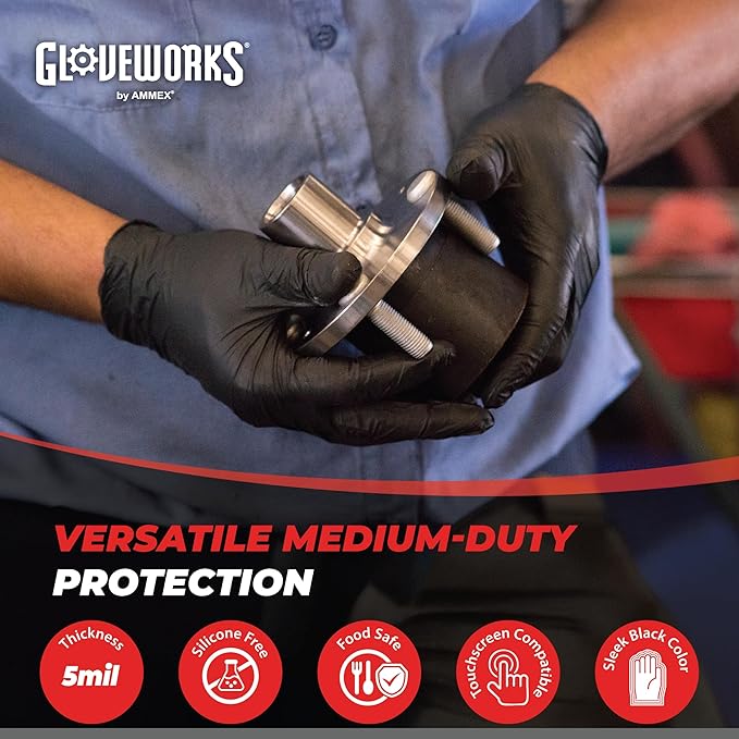 GLOVEWORKS Black Nitrile Gloves 5 Mil Disposable, Latex Free, Textured Grip