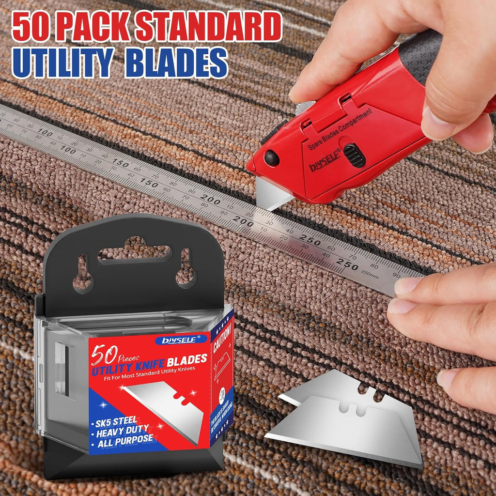 DIYSELF 50 Pack Utility Knife Blades, SK5 Steel Box Cutter Blades with