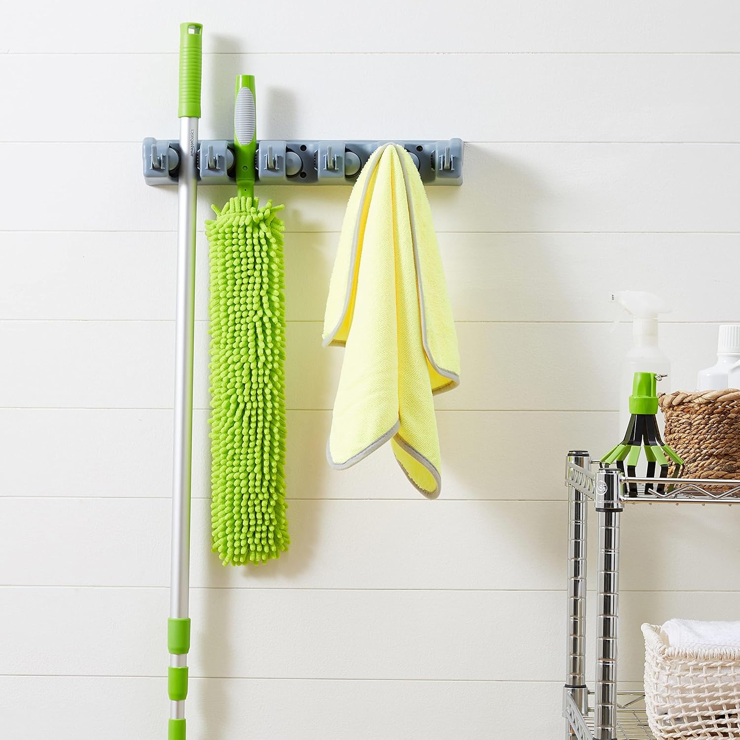 Amazon Basics Rectangular Heavy Duty Wall Mount Broom and Mop Holder, Sturdy