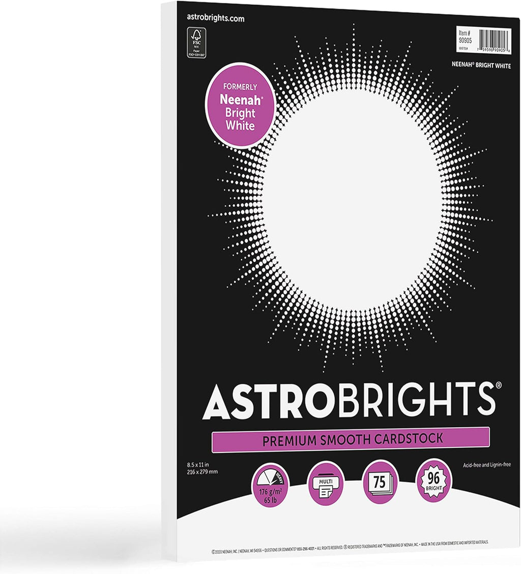 Astrobrights/Neenah Bright White Cardstock, 8.5" x 11", 65 lb/176 gsm, White