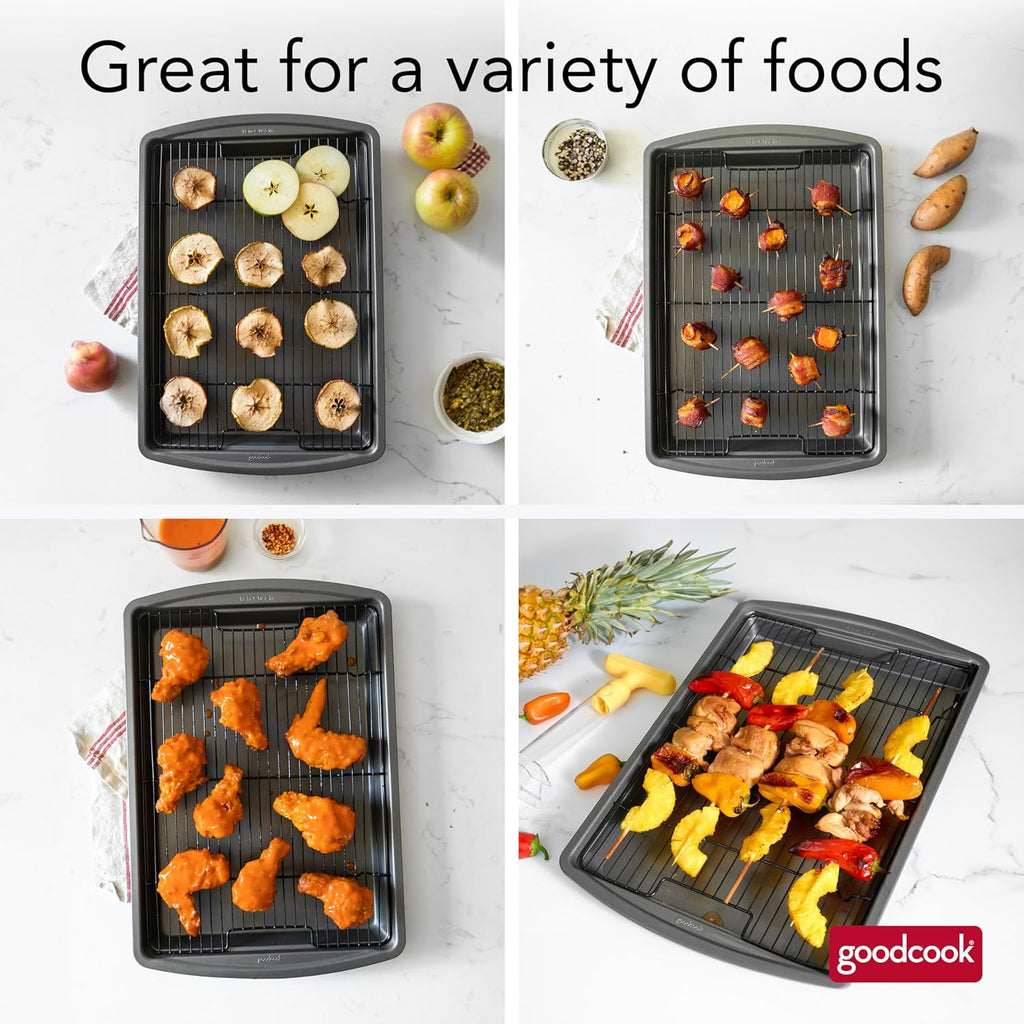 GoodCook 15‰۝ x 10.5‰۝ Nonstick Carbon Steel Baking Pan & Raised Wire Rack