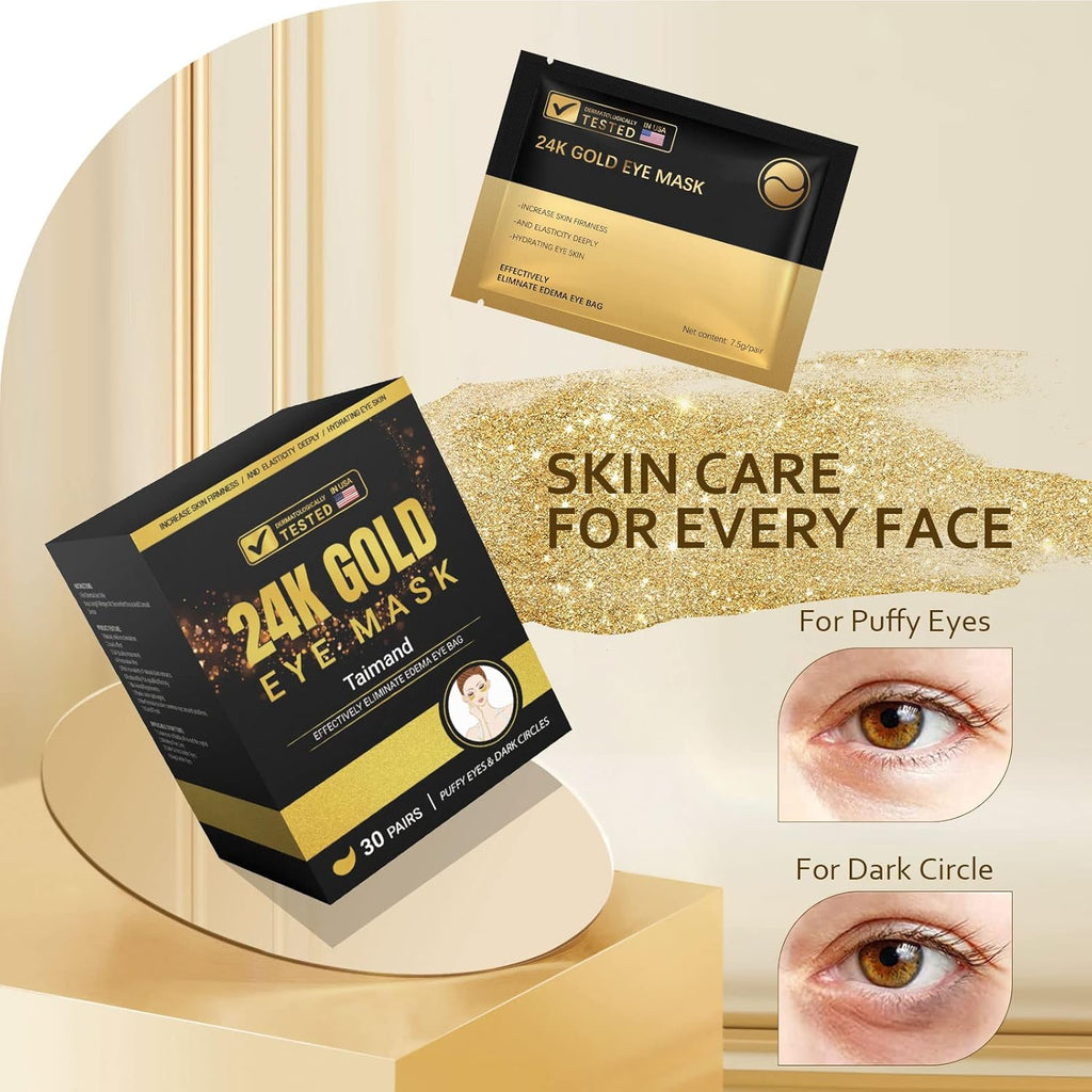 Taimand Under Eye Patches (30 Pairs), 24K Gold Under Eye Mask for Puffy Eyes
