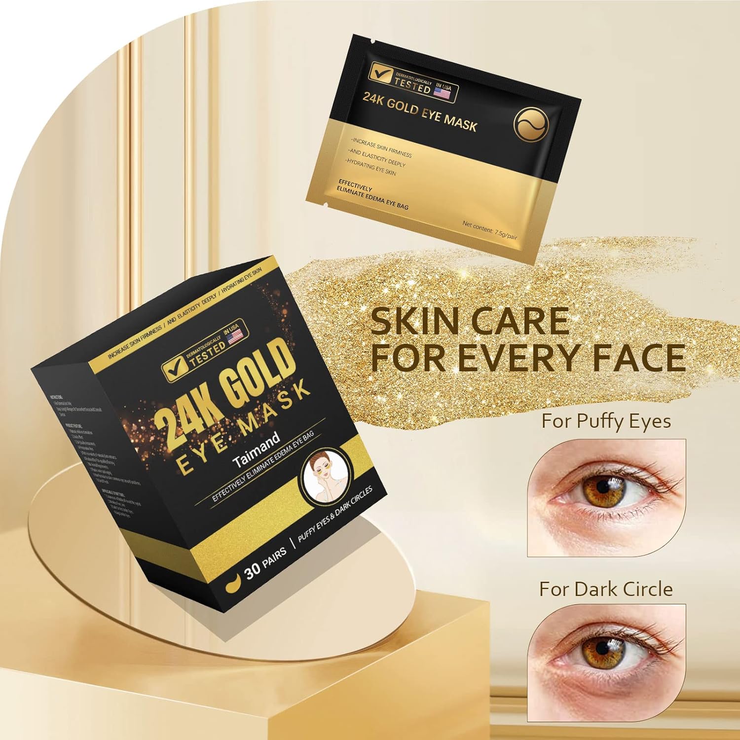 Taimand Under Eye Patches (30 Pairs), 24K Gold Under Eye Mask for Puffy Eyes