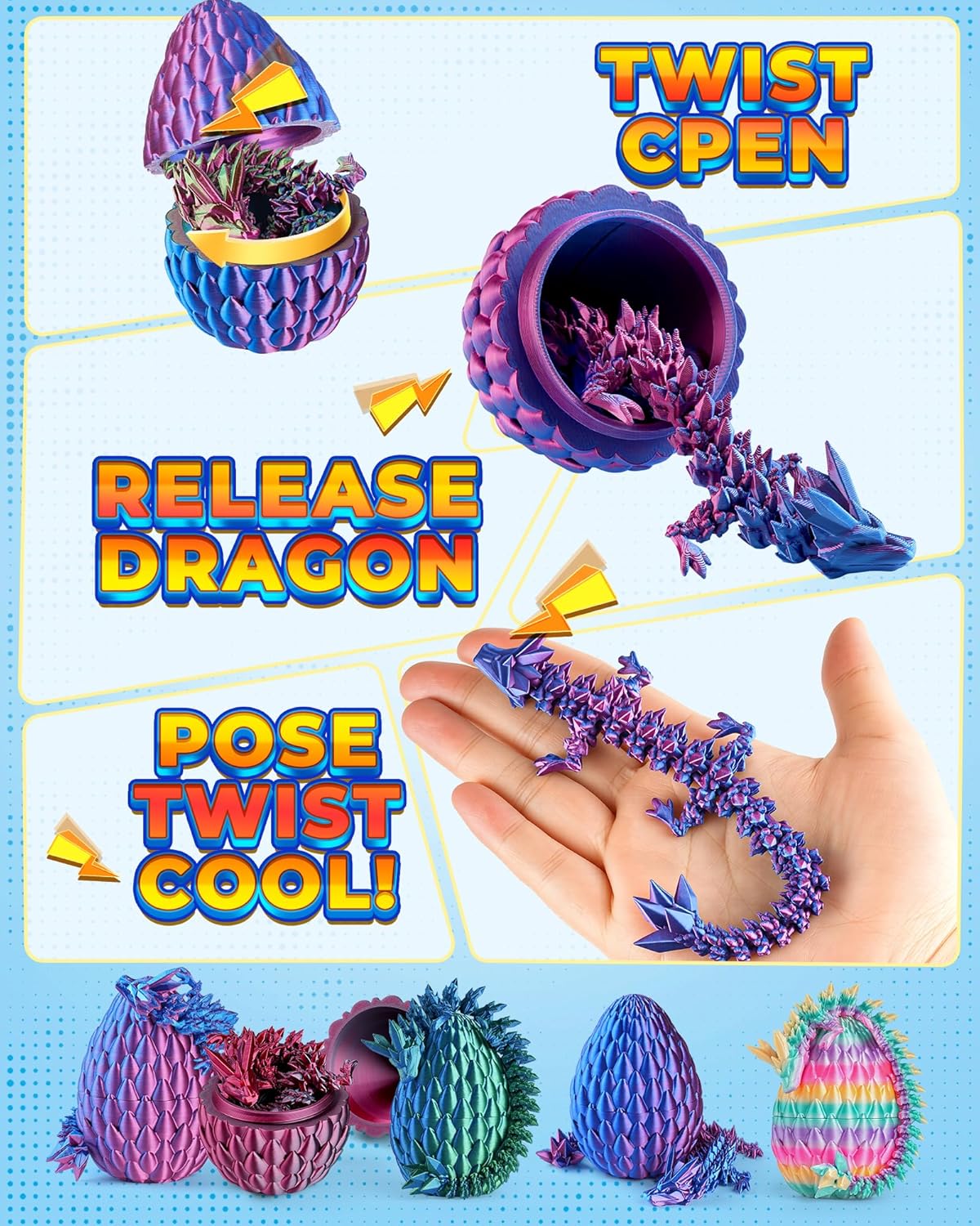 Rapean 8" 3D Printed Dragon Eggs, Easter Basket Stuffers for Kids and Teens
