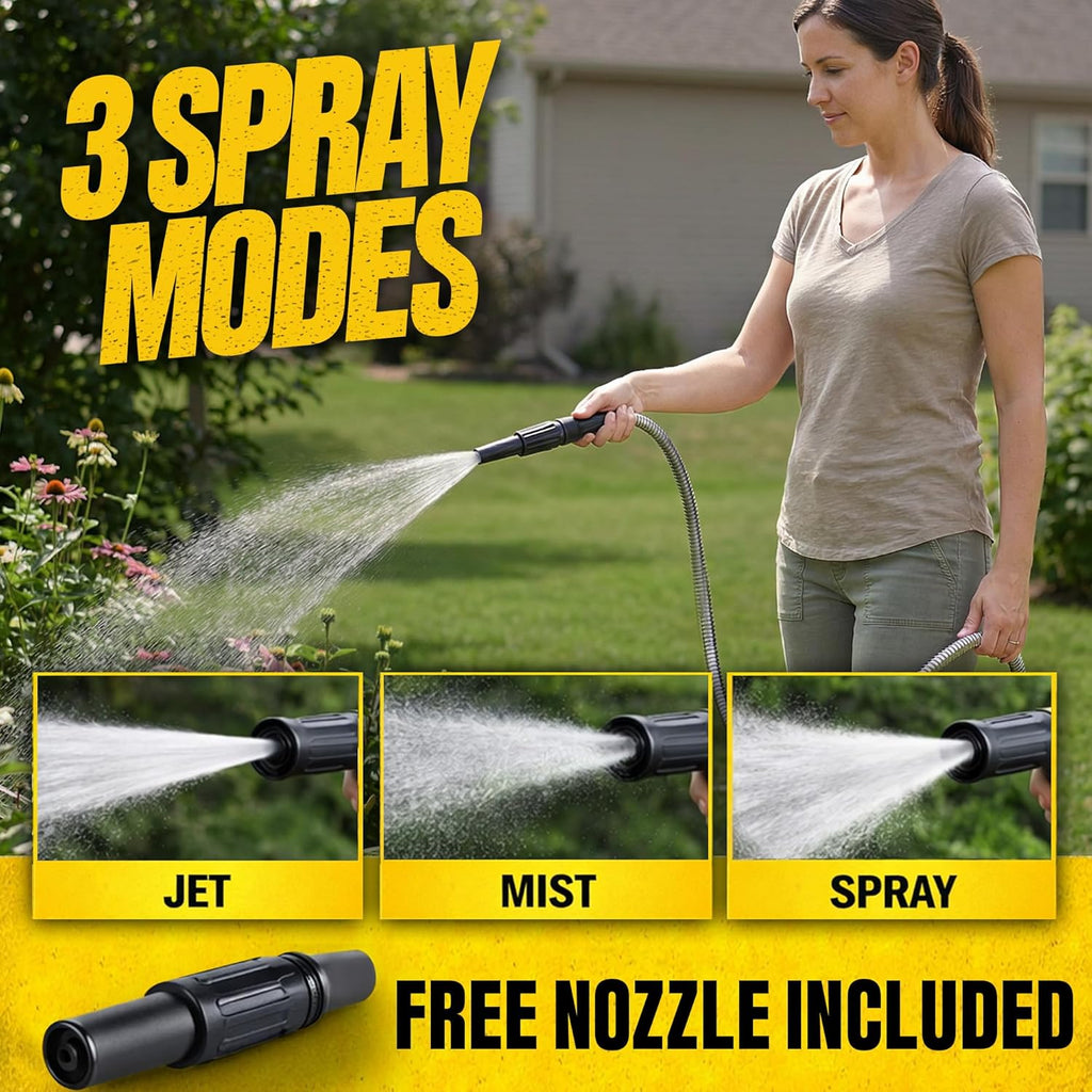 BIONIC STEEL 100 Ft Metal Garden Hose with Sprayer Nozzle, Non Kinking