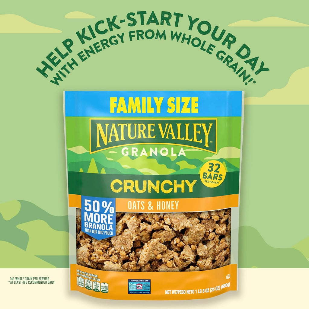 Nature Valley Crunchy Granola, Oats and Honey, Resealable Snack Pouch, Family