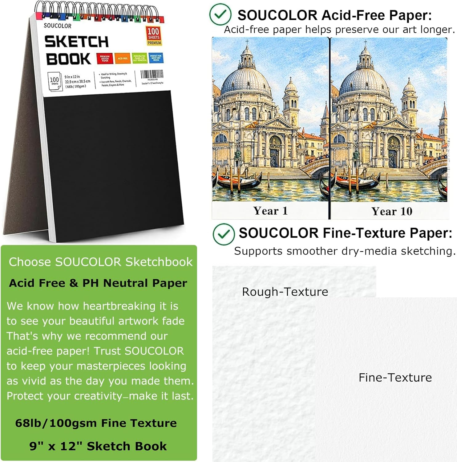 Soucolor 9" x 12" Sketch Book, 100 Sheets Top Spiral Bound Sketchbook with